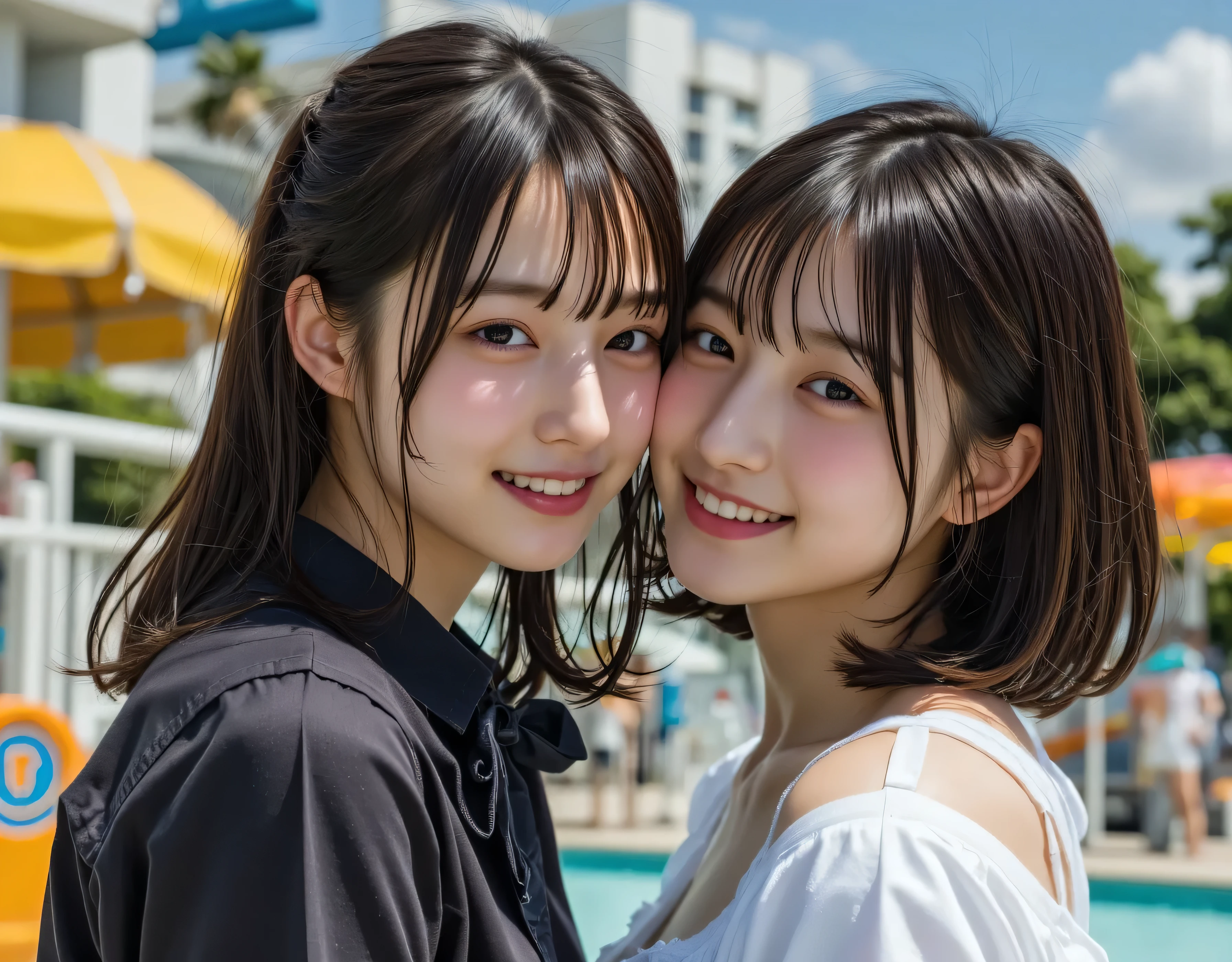 Two women taking a photo,Travel abroad,looking at the camera,smile,Beach,Clear skies,Great fun,Make noise,(Highest quality:1.4),(masterpiece:1.4),(Realistic:1.4),(Realistic:1.2),(超High resolution, RAW Photos:1.4),(High resolution, Super detailed:1.2),(8K:1.2)