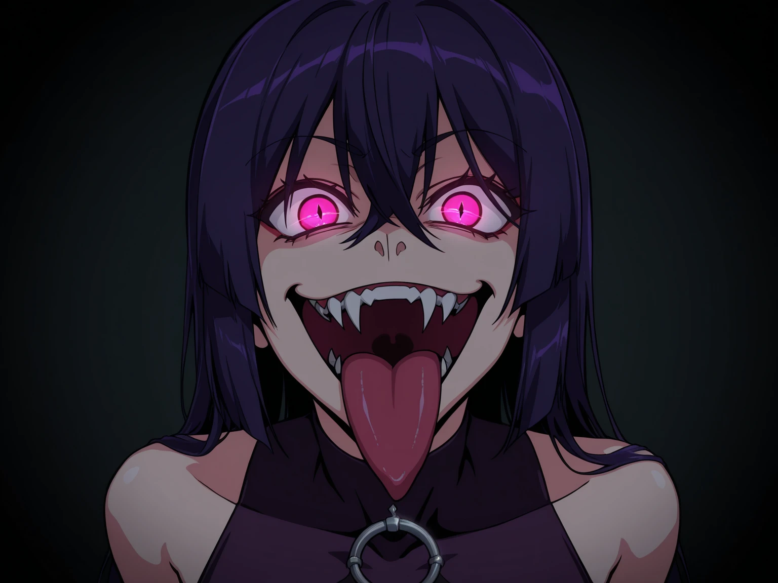 Mileena, black hair, yellow eyes, glowing eyes, sharp teeth, wide mouth, pink oufit,  looking at viewer, evil grin, serious, close up,open mouth,tongue out,spit on tongue,smirk
 outside, garden, night, extreme detail, masterpiece, beautiful quality,  