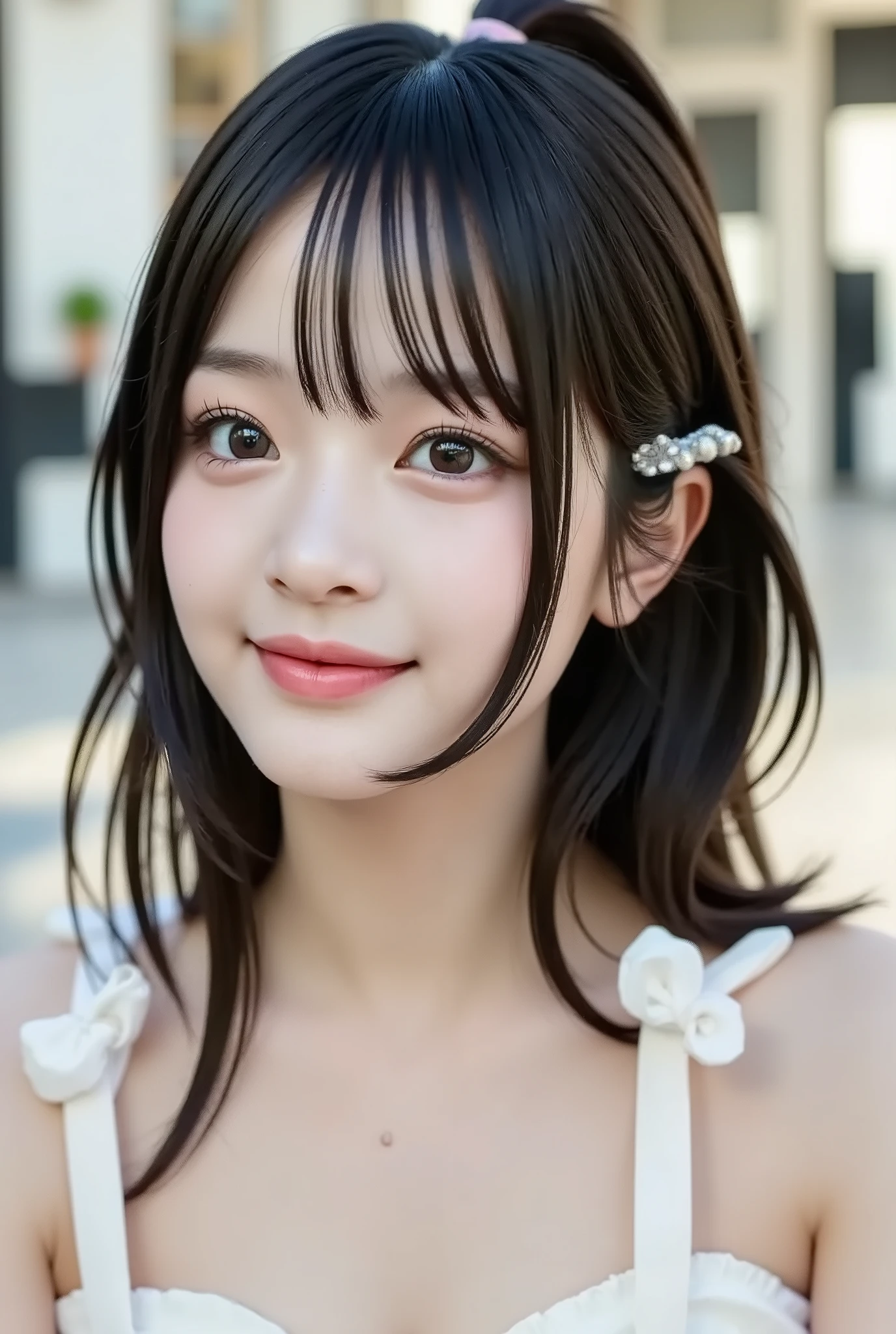 {{focuses on the face: 1.8},{{focus on the eyes: 1.8}},{{{top quality: 1.8}}}, {top quality: 1.8}, {bangs:1.8}},,{natural makeup: 1.8},{{Clear Eyes: 1.8}, {Beautiful Fingertips:nail polish:1.8}, {professional lighting)}},{High Accuracy Selection},{{{{small bra for photos}}}},{{One high school student's : smile ヤン: small breasts}}: {{Nipples(red)Nipples}},,{red頬: 1.6},,{{{{smile: big double eyelids: mascara:  teardrop bag: long eyelashes: 1.8}}},,{{eyeshadow: 0.8}},{{{{透明な白いタンクトップ - Nipples: 1.8}}}},{{bob cut: Princess Cut: ponytail: 1.8}},{ Please fold your hands behind your head: 1.8},{ Pink small  　earrings},{{Blurred white background: 1.8}}
