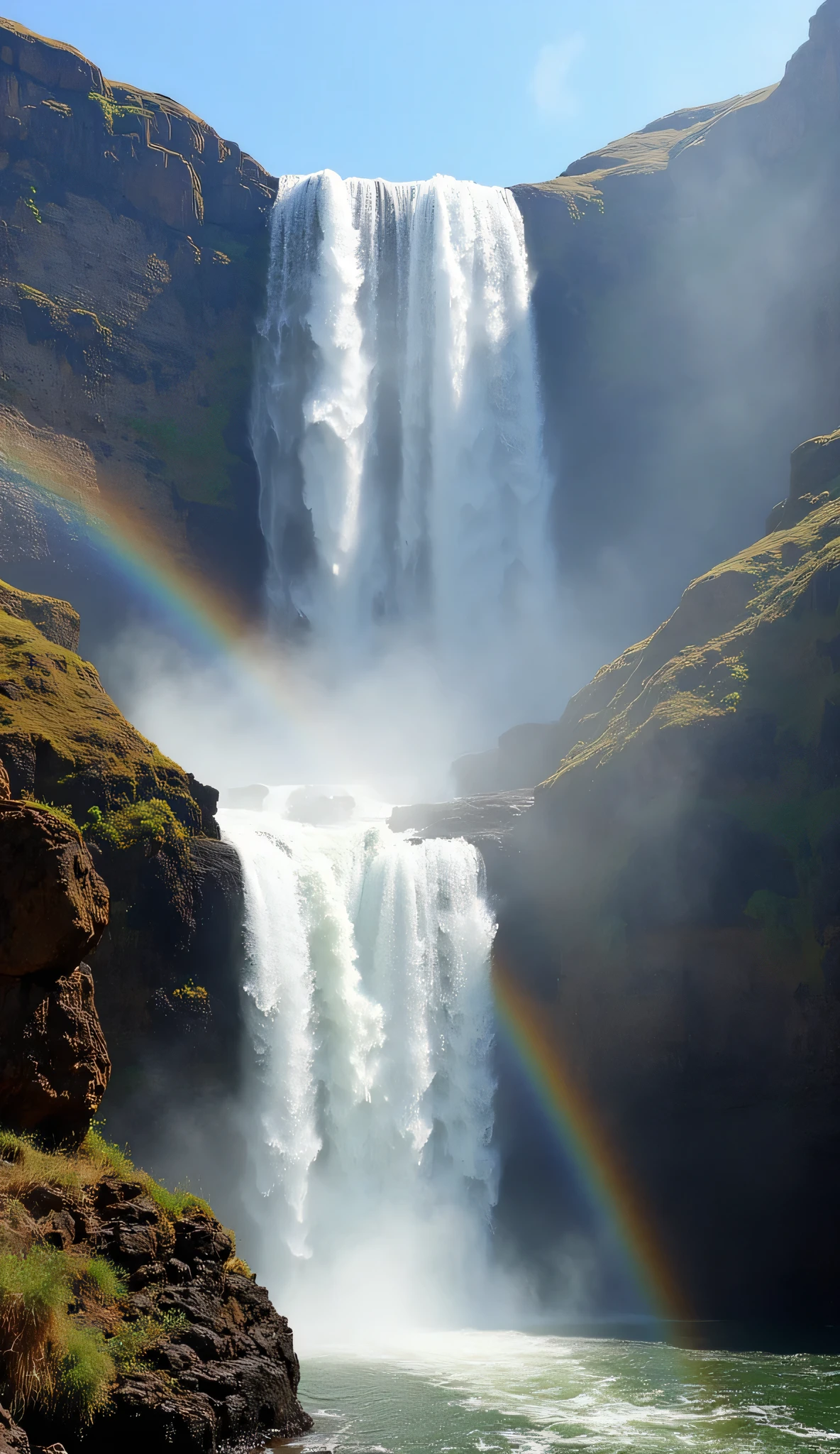High quality images、Eppa Falls、Kunene River Falls on the Namibia-Angola border in Africa、Water vapor and rainbows rising from the waterfall、Beautiful Nature and Great Earth