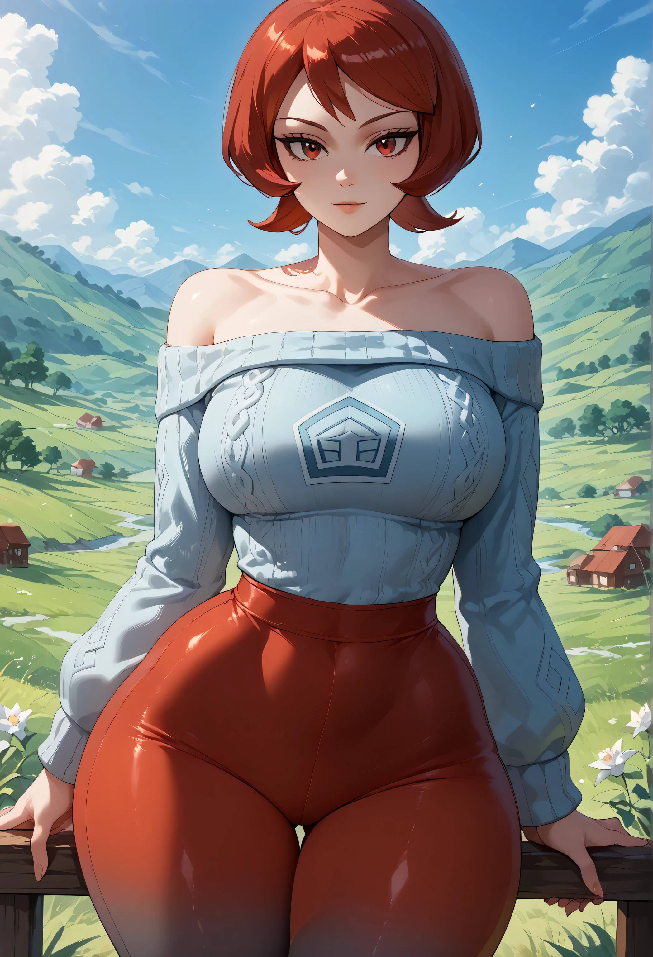 Perfect CG 8K UHD wallpaper, Perfect CG 8K UHD wallpaper, 1 , only, Pokémonarezu, cabelo vermelho, redemoinho, cabelo curto, olhos vermelhos, seios grandes, quadris largos, coxas grossas, coxas grandes, collarbone, diamond clan costume, big sweater, mangas compridas, red tights , cowboy shot, ao ar livre, plains, slumped shoulder sweater