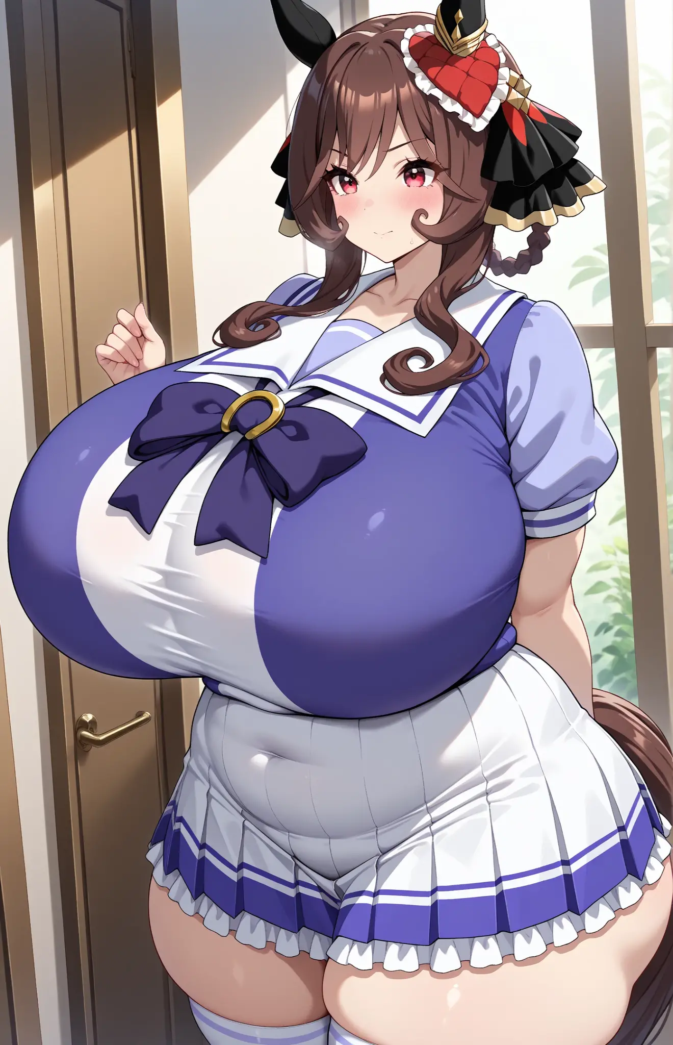 ((Masterpiece)), ((1girl)), ((Best Quality)), ((Perfectly Drawn)), ((Best Detail)). A Beautiful Cute Girl, ((Excessively Overinflated Oversized Extremely Overly Huge Absolutely Enormous Breasts: 1.5)), ((Lush, Long DarkBrown Hair)), (Big Beautiful Blue Eyes), incredibly wide Hips, Huge Cleavage, Wearing a Pretty Maid Outfit,