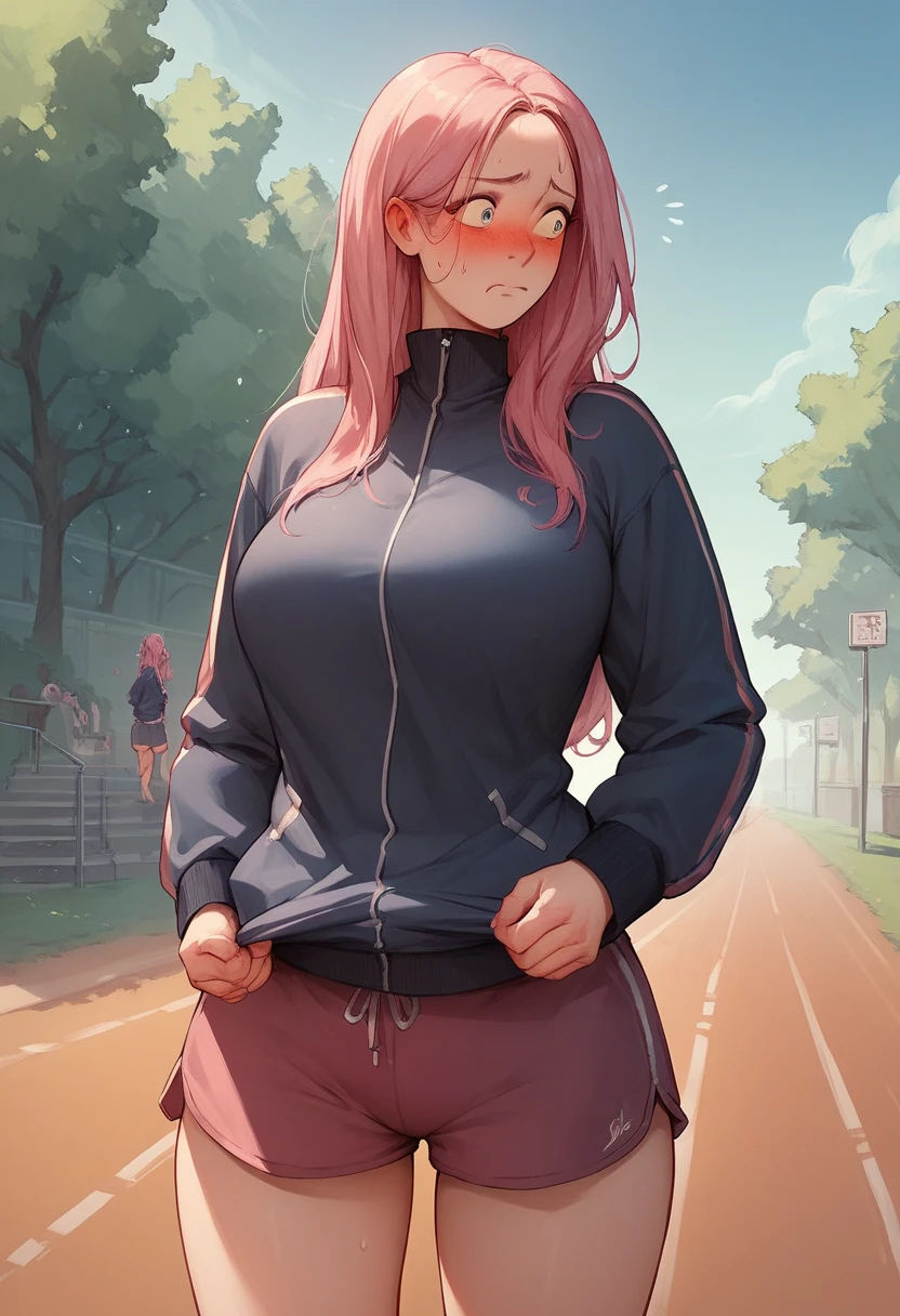 front view detailed body, long belly , Slender body, tight body , thicc, large breast, breast, long thighs, masterpiece, long hair, very long hair, ninonakano, nino nakano, long hair, bangs, blue eyes, hair ornament, hair ribbon, pink hair, blunt bangs, two side up, butterfly hair ornament,hair_between_eyes, very_long_hair, cowboy shot, front shot, looking at viewer, Shirt, Crop top, Dolphin short, short shorts, sport jacket, open jacket, pantyhose, black pantyhose, hand on hip, armpit wet clothes, smile, blush, wet body, wet face, outdoors, day, Beautiful Finger,Beautiful long legs,Beautiful body,Beautiful Nose,Beautiful character design, perfect eyes, perfect face,expressive eyes, looking at viewer,(Full_body),(Focus on her face), official art,extremely detailed CG unity 8k wallpaper, perfect lighting,Colorful, Bright_Front_face_Lighting,shiny skin, (masterpiece:1.0),(best_quality:1.0), ultra high res,4K,ultra-detailed, photography, 8K, HDR, highres, absurdres:1.2, Kodak portra 400, film grain, blurry background, bokeh:1.2, lens flare, (vibrant_color:1.2) (Beautiful,large_Breasts:1.4), (beautiful_face:1.5),(narrow_waist), facing the viewer