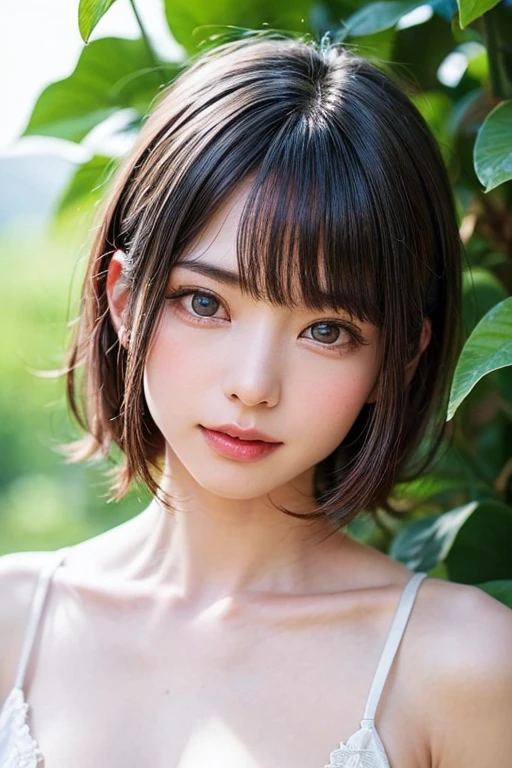 masterpiece, highest quality, １６K,enlightenment, Sax Blue, Green Earrings, green necklace, white dress, 1 girl, cute, (dynamic lighting:1.2), cinematic lighting, delicate features, detailed eye, sharp pupils, realistic student, in the forest, Bokeh, sharp focus, (super detailed, bloom, shine:1.4), green eyes、brown hair、she is a tree fairy、forest background、in the forest、headband、shortcut、
