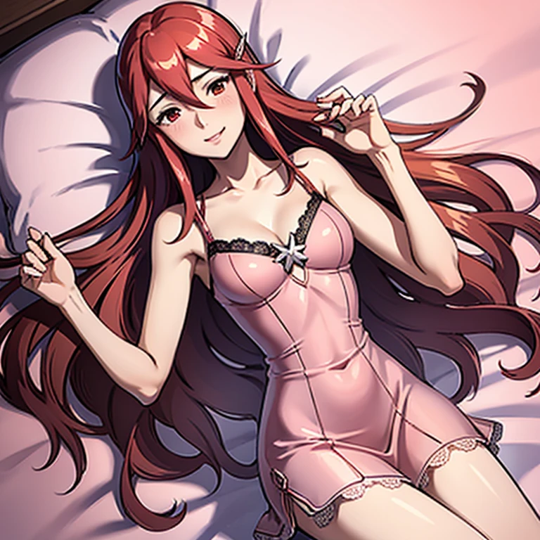 Starfire, shiny_dress, pink_silk_glossy_fabric, skinny, thin_legs, lace, nightwear, glossy_fabric, shiny, short_dress, cleavage, glossy_fabric, long_red_hair, skinny, bedroom, gentle_smile, blushing, beautiful, female, high resolution, 8k