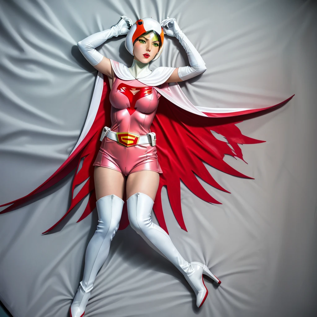 ANI_CLASSIC_jun_gatchaman_ownwaifu,1girl, ,good anatomy, masterpiece, best quality,realistic, hyperrealistic, 16k hdr, long hair,breasts,green eyes,lips,large breasts,lipstick,makeup,gloves,cape,helmet,belt,elbow gloves,white gloves,mask,ultra miniskirt,leotard,spacesuit,white tight overknee highheels boots,pink dress,superhero,bodysuit,cleavage,erected nipples,(lying flat poses, view from above),cameltoe,full body 