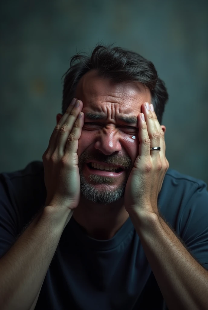 (photorealism:1.2), A man ((seated)) crying 