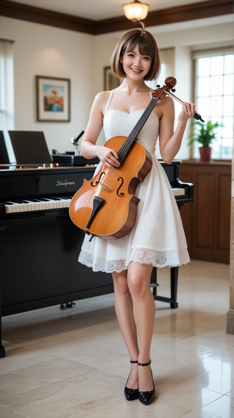 Beautiful woman in a mini skirt playing the cello, Full body portrait