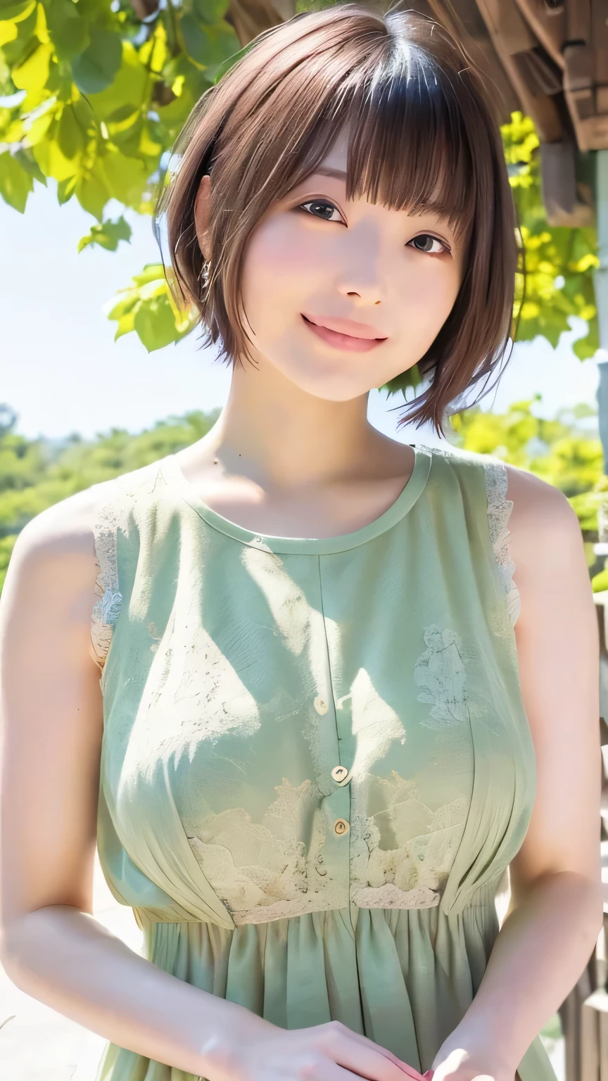 Top quality, 1 beautiful woman, short, curly hair and bright, wearing onepieace, shy-smile, at park