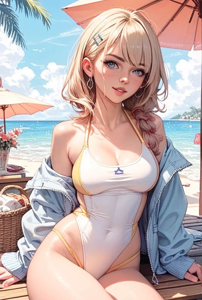 (best quality,ultra-detailed,highres:1.2),realistic,long-legged girl,(beautiful detailed eyes and face,high-resolution eyes),(beautiful detailed lips,high-resolution lips),(extremely detailed eyes and face:1.1),(long eyelashes:1.1),half-elf,model figure,(ash-colored ponytail:1.1),sexy pose,stormy beach,beach scene,graceful,wavy hair,stormy atmosphere,stormy sky,dramatic lighting,vivid colors,concept art style