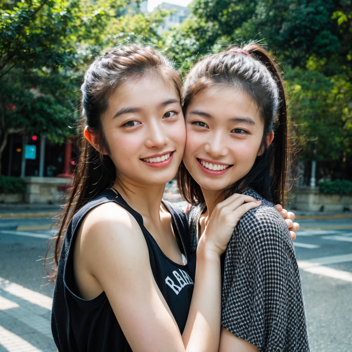 2girl, beautiful indonesian face, updo hair, smile, at outdoor cafe