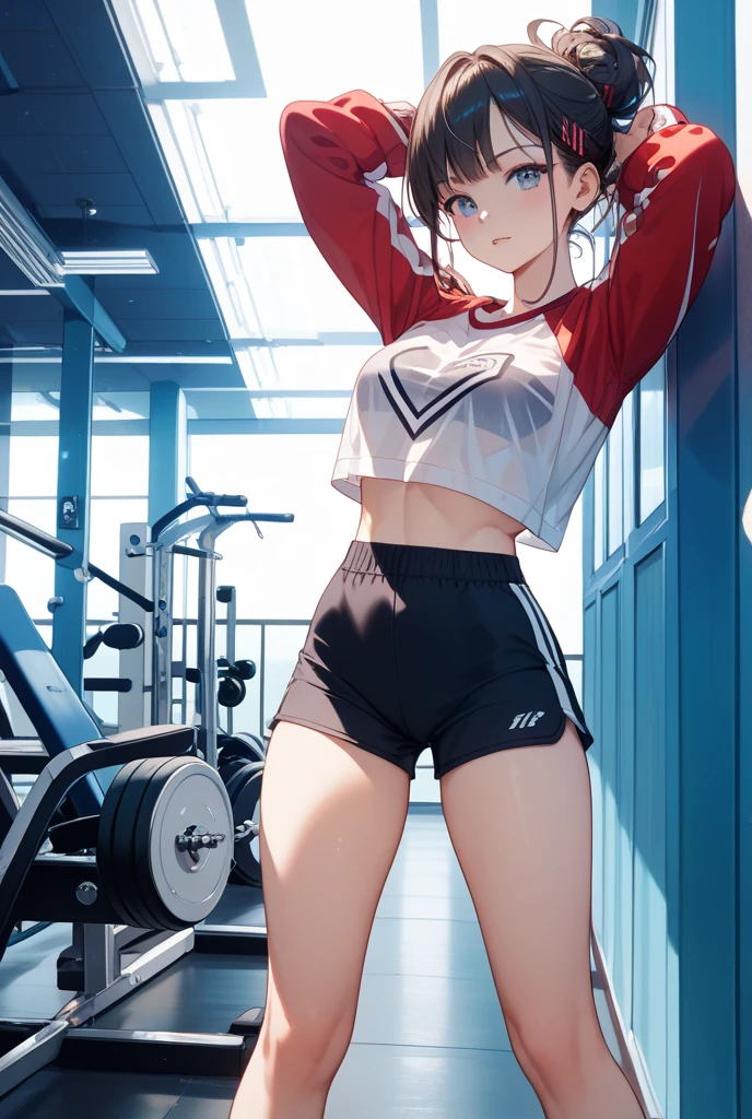 Perfect Body Beauty: 1.4, Slim Abs: 1.1, gigantic cleavage breasts, highest quality, cute face, skinny body, slender, full body, nipple, cute Korean female, short hair, Beautiful skin, she wearing only short tight mini small denim skirt, dancing, Stand facing side, naked , in gym, Best Quality, ultra detailed body, Ray tracing, photograph