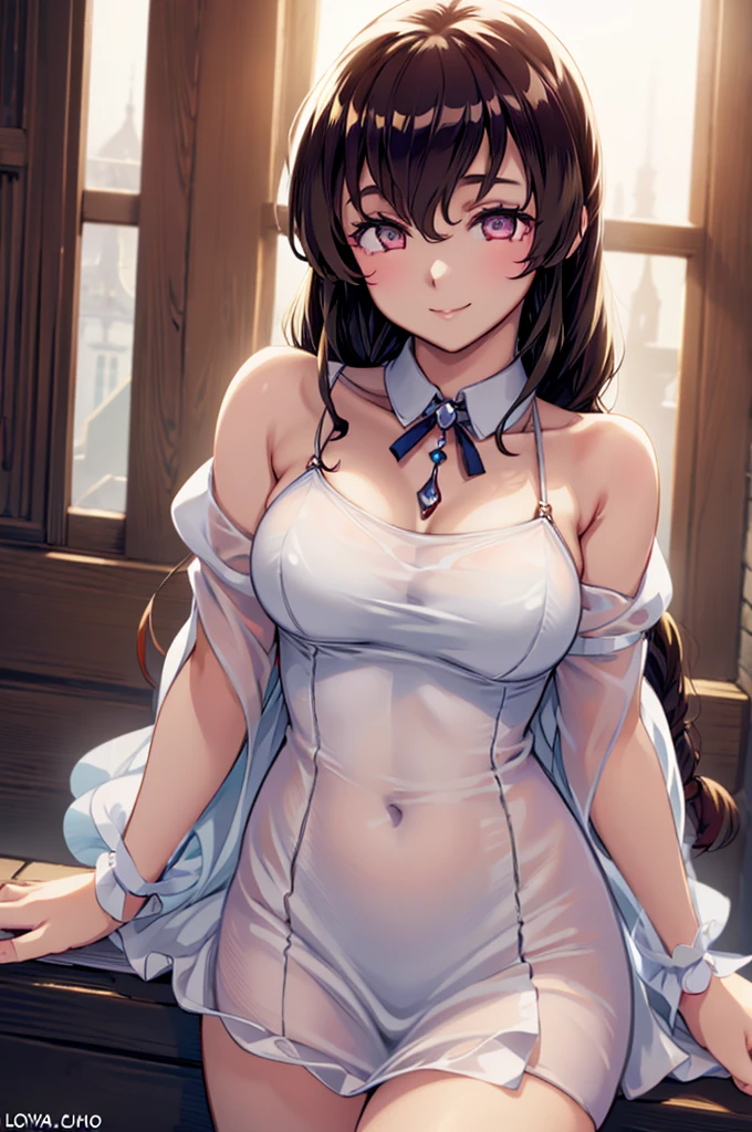 1 Girl, ((On the table)),((best quality)),Extremely detailed,Implications,clearly,beautiful body,beautiful nose,beautiful character design,Perfect eyes,Perfect face,wallpaper,Ultra-high resolution, 4k,photography,((beautiful, Big guy)),(beautiful face:1.2),beautiful legs, Sakuma Mayu, shiny skin,Anime Screenshots,Official style, 1 Girl, Solitary, Arrogant smile, sunny,daytime, looking at the audience, View, delicate eyes, Complex hairstyle、Drooping eyes、Princess dress, Keep your eyes open, crazy smile, Empty eyes, View cowgirl, Sweat, 飞扬的Sweat珠, Cross your hands behind you, I'I看著你, View, 30 years old, in the living room, ( (((Large Breasts、Breast sagging、Low-cut,Cleavage,Wide hips,))((Hourglass figure))), , Mature woman.