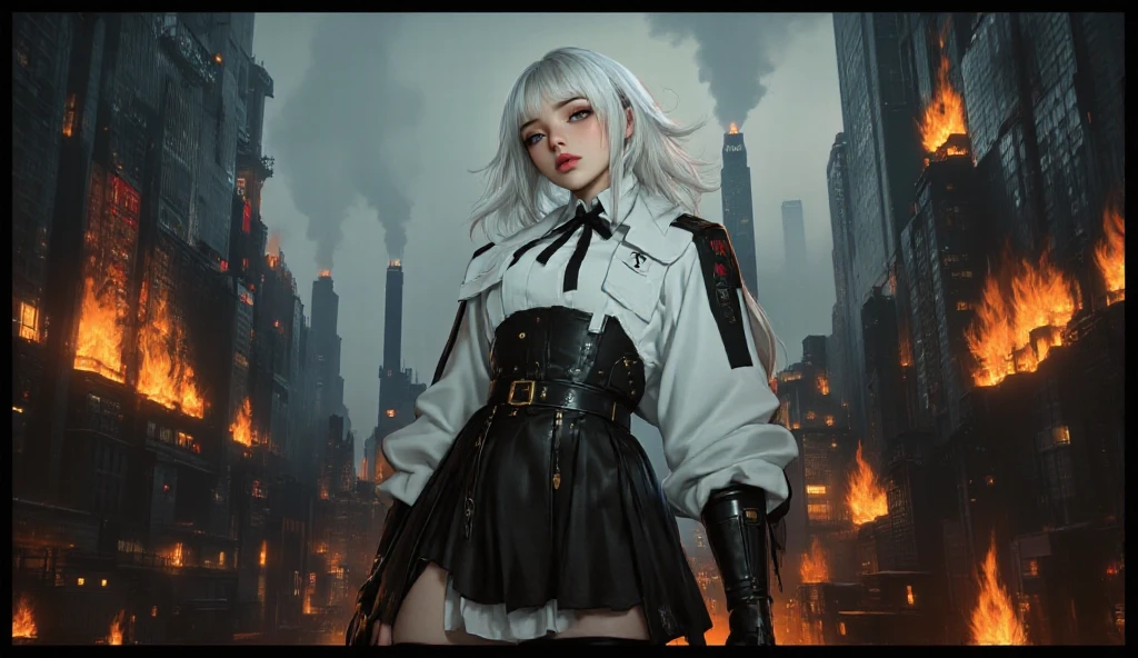 realistic, 1 girl, white hair, purple eyes, glowing eyes, top cut, skirt, black clothing, parted lips, blushing, night, Fire