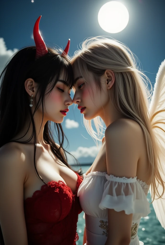 (RAW photo:1.2), (realistic), beautiful detailed girl, highly detailed eyes and face, thin and beautiful eyes, huge file size, High resolution, very detailed, highest quality, [table top:1.6], shape, very detailed, small details, highest quality, 8k wallpaper, movie lighting, Nudity, Bare chest, No Top, Topless, show breast, show nipples, small nipples, beautiful face, shiny skin,detailed skin,detailed face,detailed eyes, 15 year old adorable female angel and female demon, angel and devil in love relationship, Hugging each other in underwear, to deep kiss, angel wearing white bra, angel wearing white panties, devil wearing a white bra, devil wearing white panties, female demon is kissing to female angel, female angel grabbed female demon's breast, hugged each other, white panties, angel's bedroom, lying on the bed, closed eyes, in underwear,  small breast