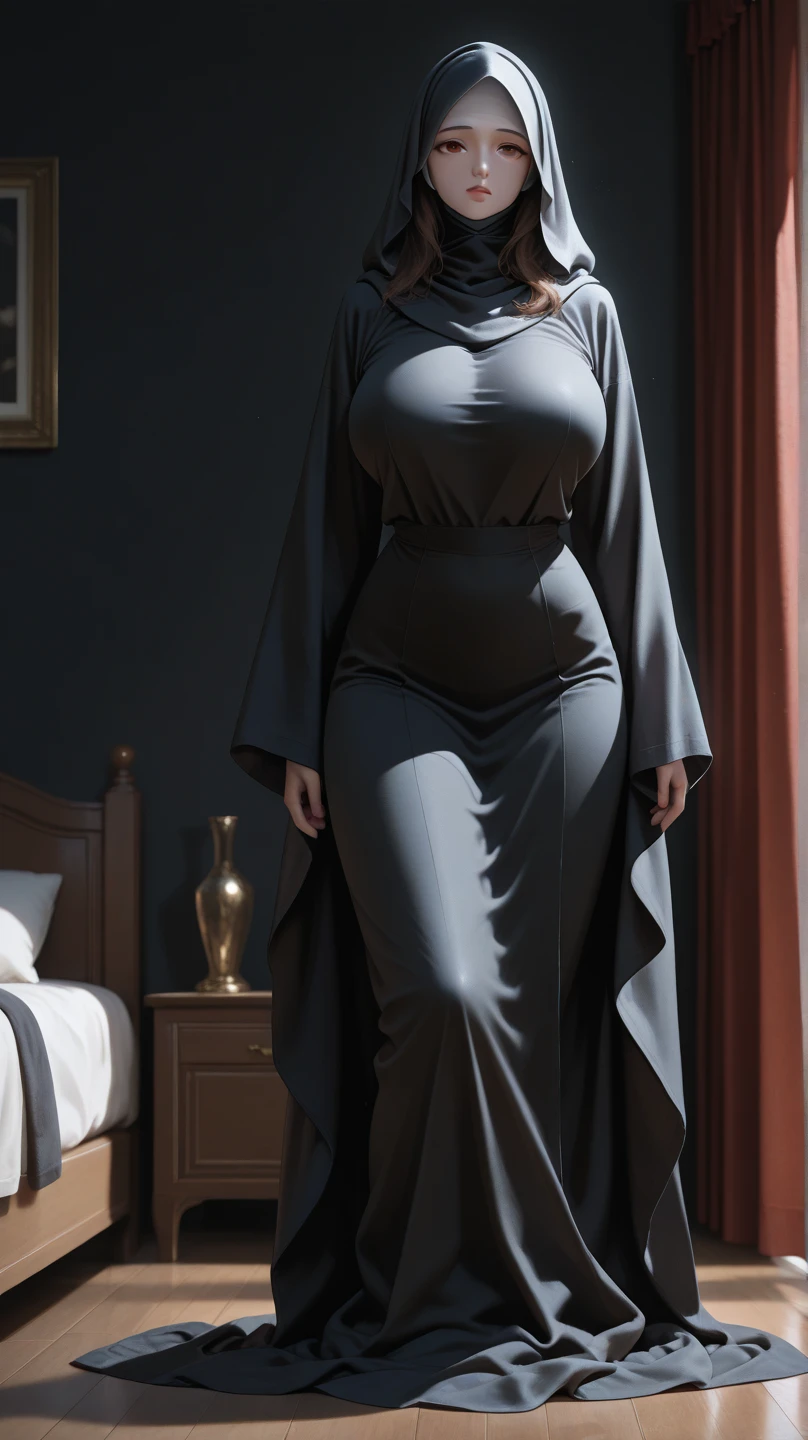 woman in tight black dress posing for a picture in a room, skinny waist, open v chest clothes, curvy hourglass figure, full body and head view, solo girl, 1 girl.