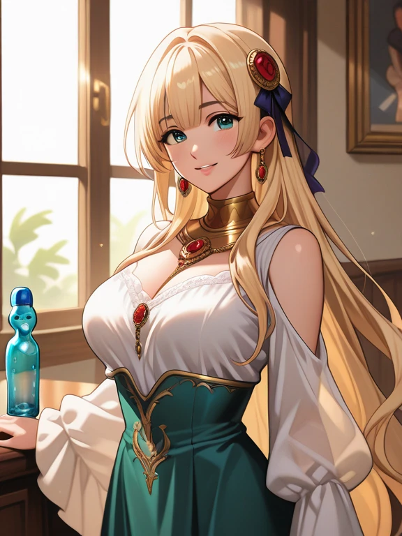 (Best quality, A high resolution, Textured skin, High quality, High details, High details,Extremely detailed CG unity), Enchanted，having fun，Being in love，innkeeper in fantasy world, blonde hair, green eyes, fancy hair, hair decoration, red lipstick, exquisite costumes，solo person, A small amount of white lace，Dazzle, woman, beautiful, (innkeeper), female innkeeper, working, female working at inn, (sophisticated tavern), (in luxurious tavern), (behind desk), detailed fancy hotel, detailed fancy tavern, large breasts, big breasts