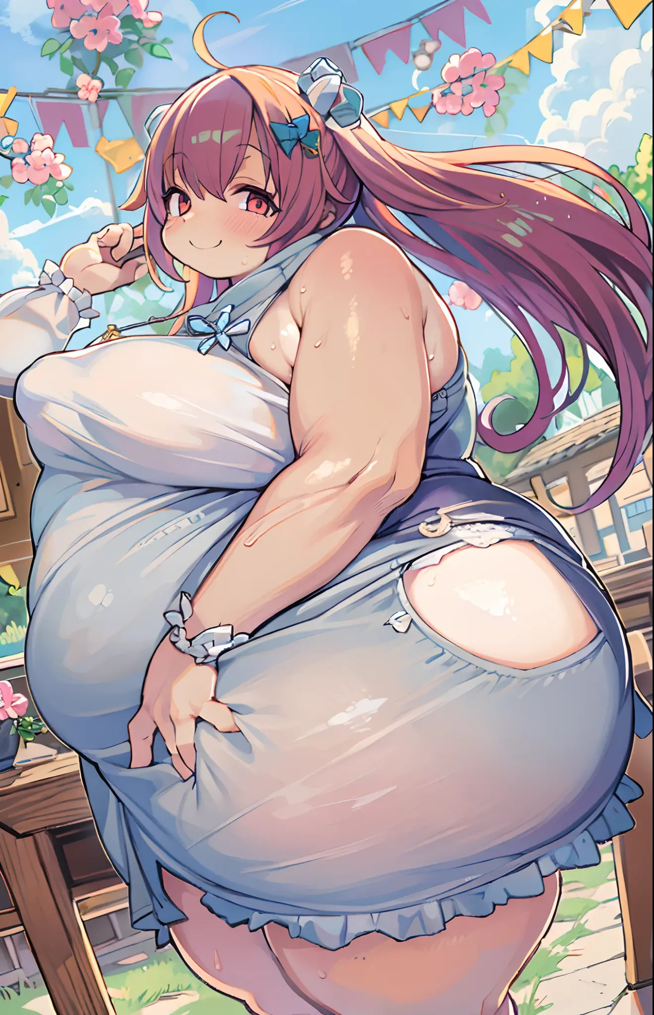 Cute naughty Artificer mother, Pastel colors hair, (overwhelmingly huge breasts:1.2, Thighs:1.2, thick legs:1.2, curvy:1.2, towering stature:1.6, massive fat thick unnatural belly, Plump), purple eyes, (hair over one eyes:1.3, ahoge, messy hair:1.2, tired hair:1.2, flipped hair, very long hair, bags under eyes:1.3), black hair, (purple hair:1.1), (blush:1.2, emberrased:1.2, quiet personality:1.2, scared:1.2, looking away, wavy mouth, shy), naked, hand over face