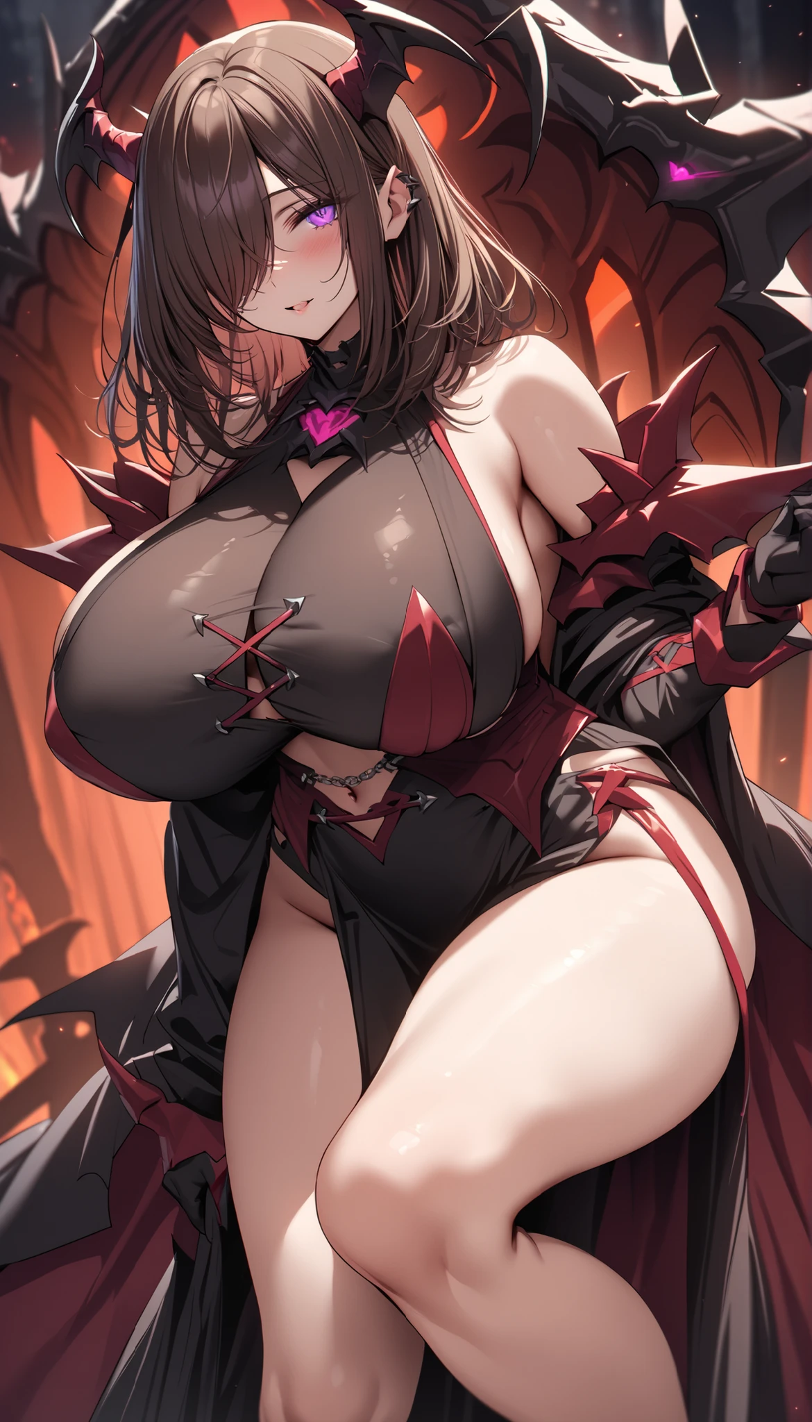 A girl, Red eyes, pale vampire skin, big breasts, dragon horns, Fangs, dragon tail, hoodie negra, by the wide, black hair, 4k, HD
