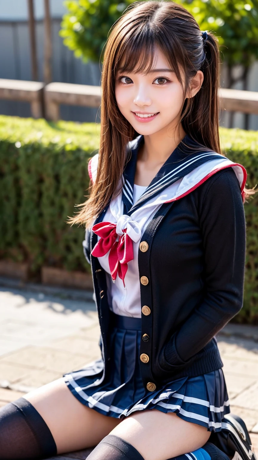 ((highest quality、8k、masterpiece:1.3)),((((fullbody shot)))),Ultra-high resolution,big eyes,Japanese,forehead,bangs,(a girl),(1 girl),((20 years old)),((facing at viewer)),(long hair),(((black sailor uniform))),(grin),((standing)),(((pussy))),(((skirt lift)))