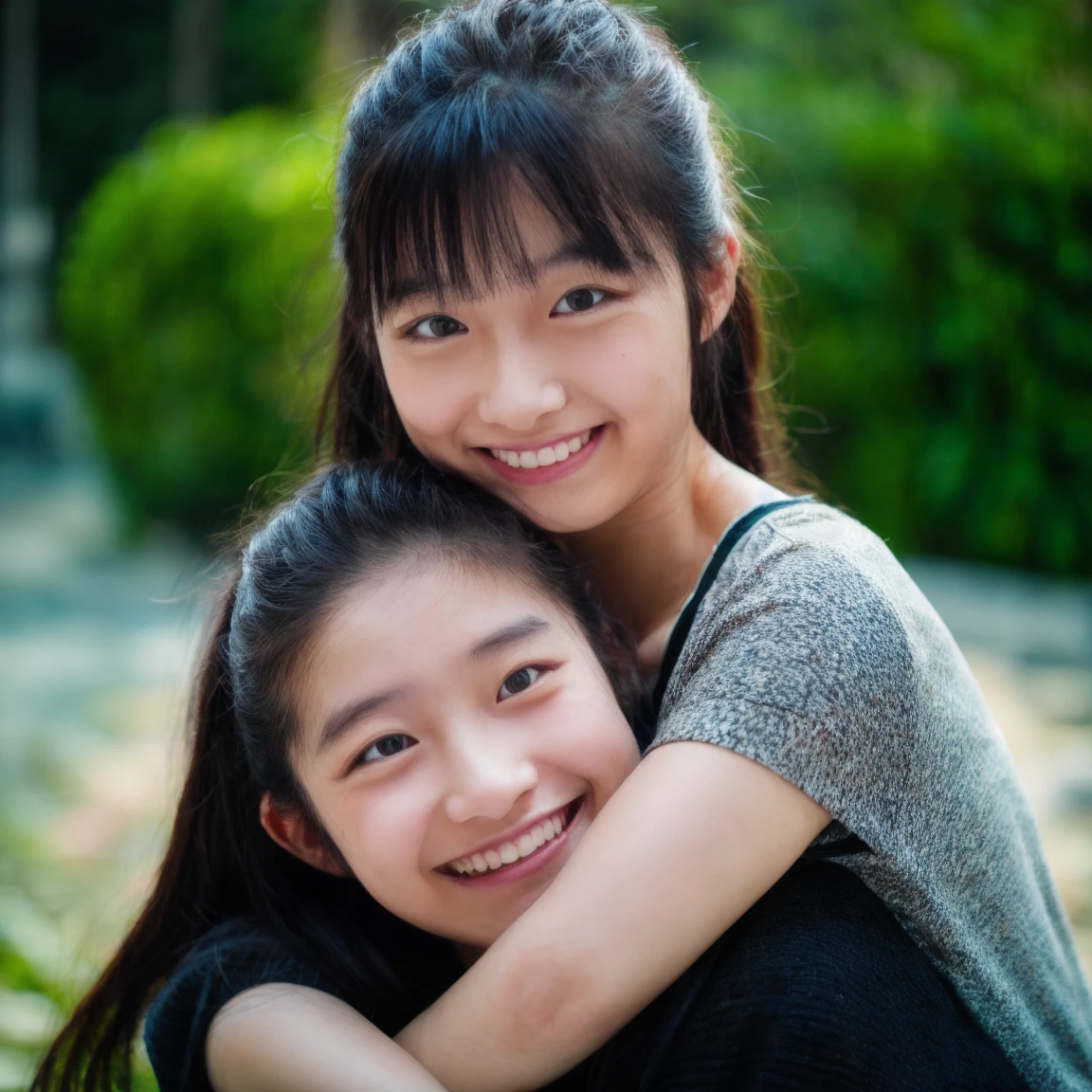 there are two girls that are standing together in front of a pond, ruan jia and brom, ruan jia and fenghua zhong, with a twin, kid, taken with the best dlsr camera, children, taken on go pro hero8, inspired by Ni Duan, kids, with wet faces!!, foto, two girls