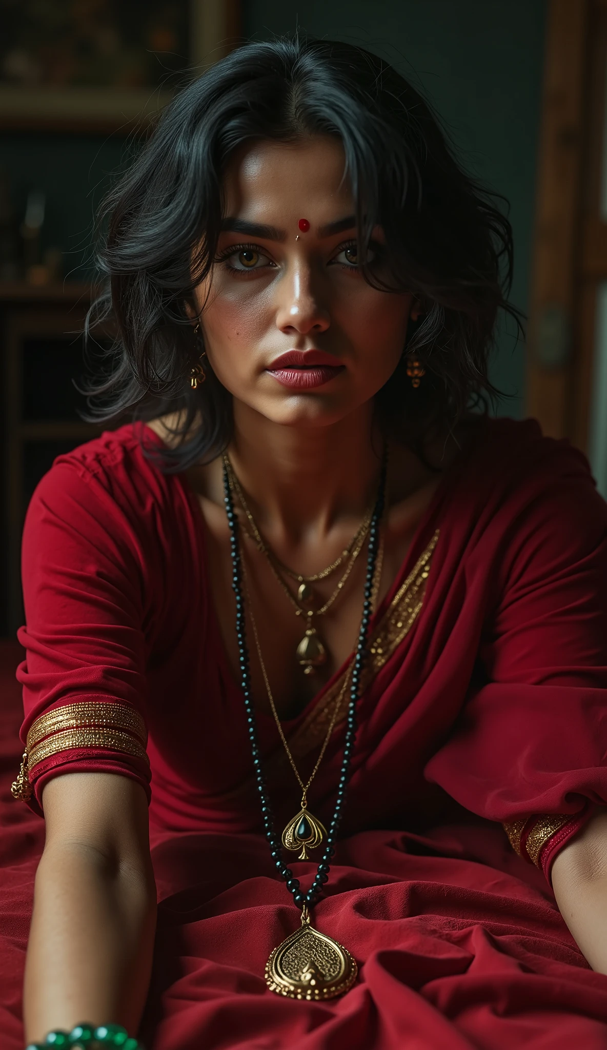 In a dim setting 、woman with curvaceous skin color wears traditional clothes, wears a deep red messy and elegant saree, Blouse piece, Exquisite Jewelry、Green glass bangle、and a small red bindi between her eyebrows。the woman wears a long, thin necklace、It's made of gold、has a long chain of black and gold beads. crawling on the bed, beads are placed on top of a woman in a repeated pattern. in the center of the necklace, has a pendant designed in the shape of the Queen of Spades, The pendant is attached to a chain with a gold clasp. cinematic, cinematic high definition, MESH FILM, masterpiece, high definition, 1080P, high definition