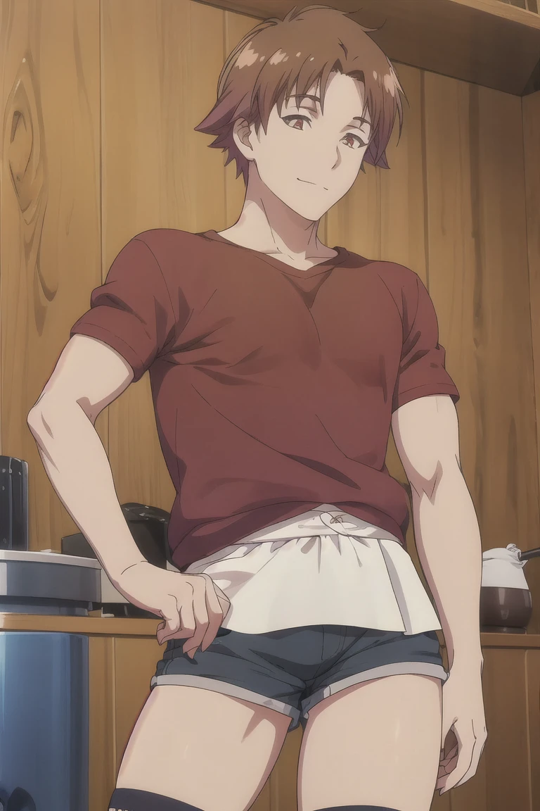 ayanokouji kiyotaka, 1boy, solo, male focus, brown hair, brown eyes, looking at viewer, outdoors, naked apron,