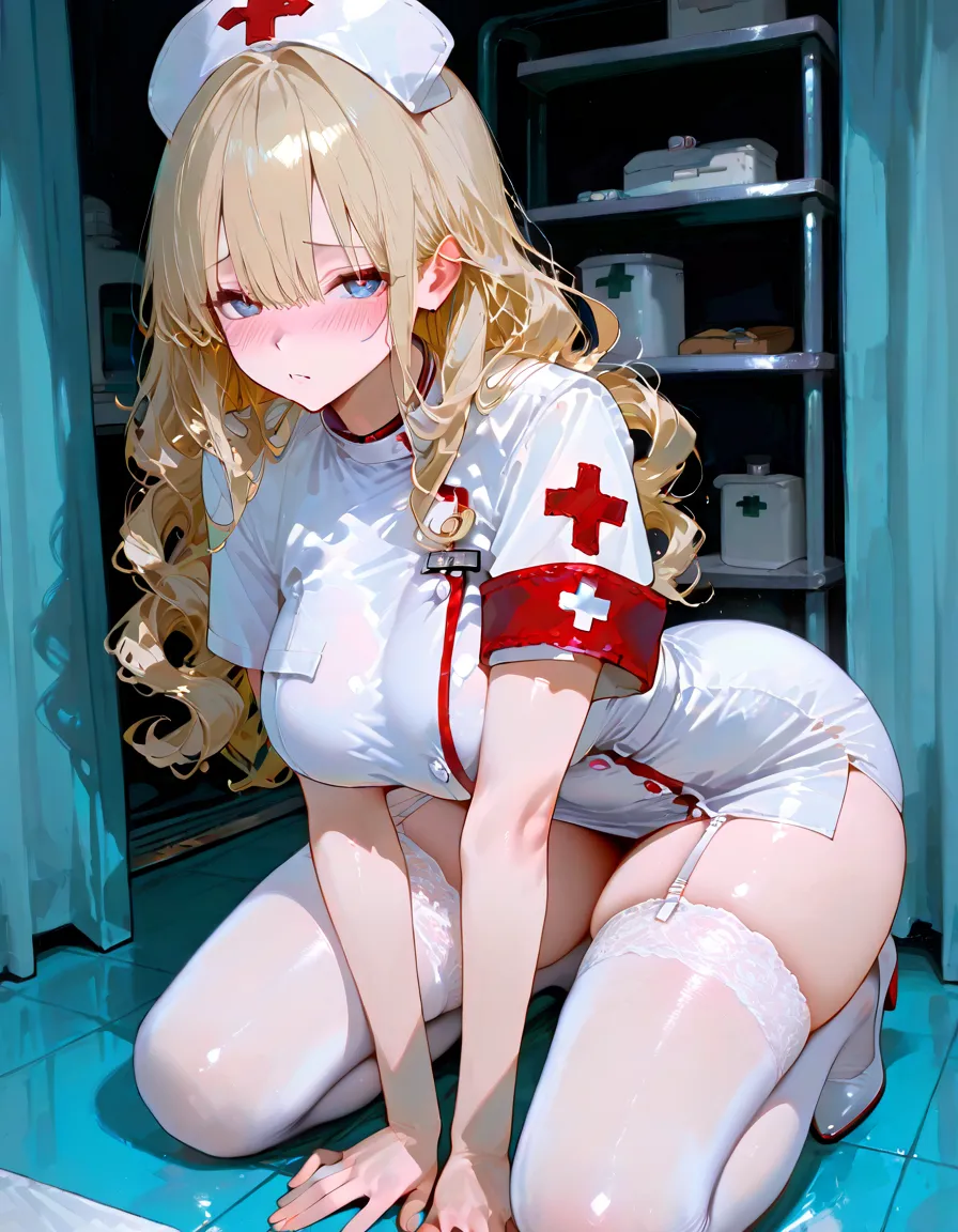 1woman, solo, nurse, nurse cap, white wear, ((white legwear, zettai ryouiki)), white gloves, blonde hair, blue eyes, ((white surgical mask, covered nose)), standing, ((hospital room)), sharp outline, short sleeves, mature female, 35 years old, best quality, masterpiece