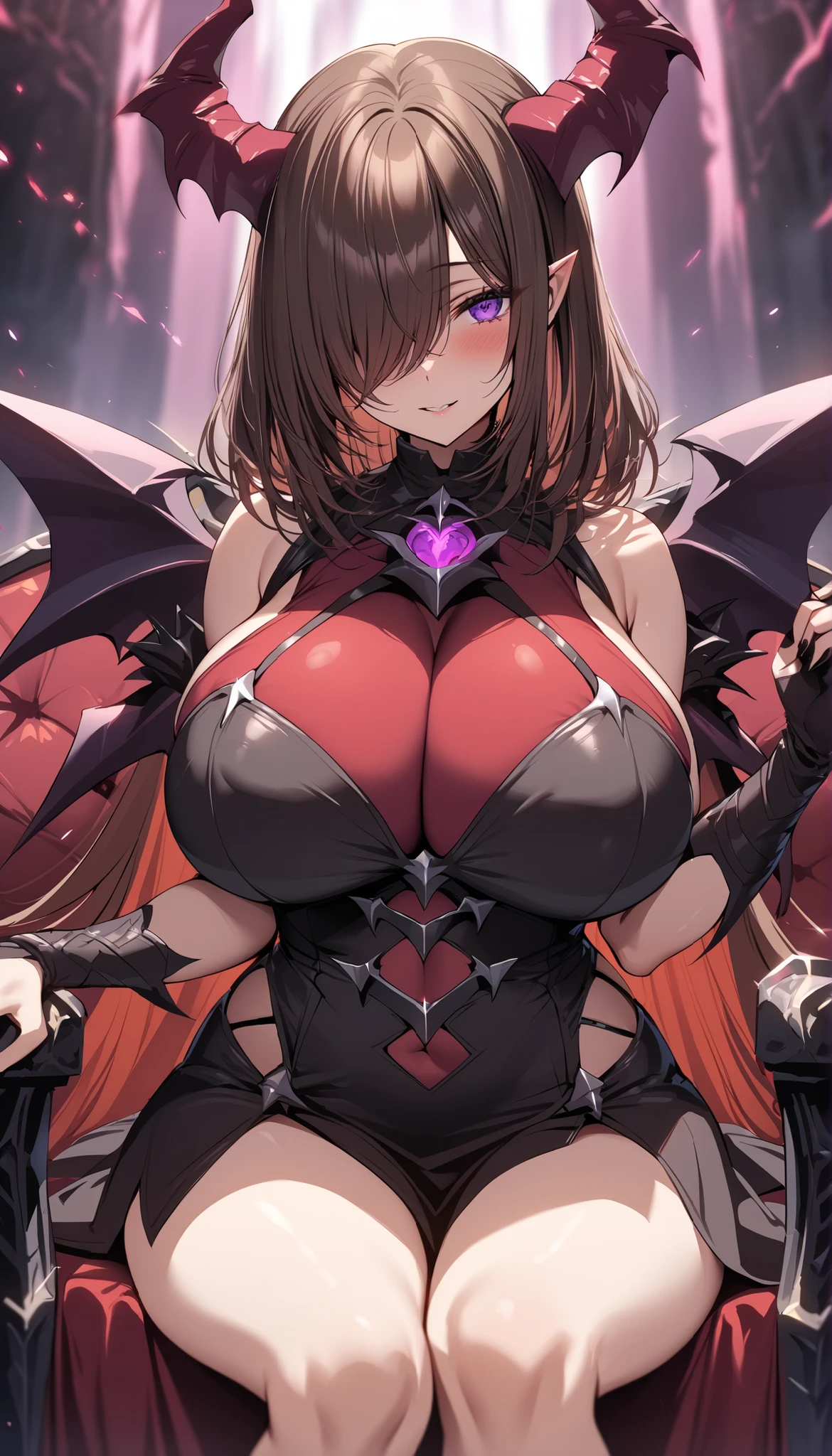 Exquisite eyes),(Clear and beautiful eyes:1.61),masterpiece, 1 young girl,(Black clothes and some red gems), Black long hair, (She has a huge red gem on her chest), Good Hand,((The Havoc of StarCraft)),full-body shot,Fighting Stance,(Red Eyes:1.466)，short and small,(Very big breasts:1.35),(Pretty Face),(full-body shot:1.33),Beautiful hands