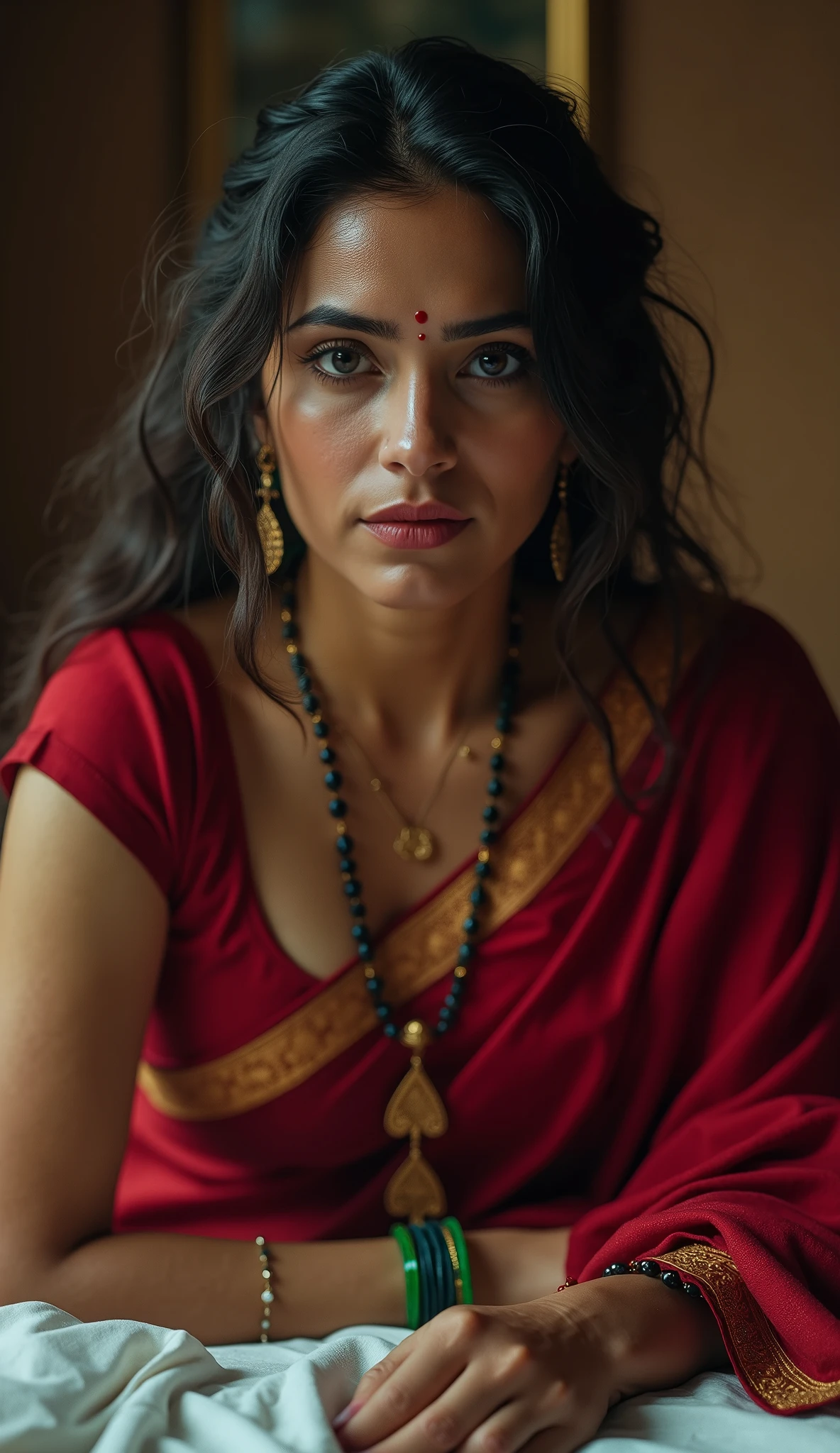 In a dim setting 、woman with curvaceous skin color wears traditional clothes, wears a deep red messy and elegant saree, Blouse piece, Exquisite Jewelry、Green glass bangle、and a small red bindi between her eyebrows。the woman wears a long, thin necklace、It's made of gold、has a long chain of black and gold beads. crawling on the bed, beads are placed on top of a woman in a repeated pattern. in the center of the necklace, has a pendant designed in the shape of the Queen of Spades, The pendant is attached to a chain with a gold clasp. cinematic, cinematic high definition, MESH FILM, masterpiece, high definition, 1080P, high definition