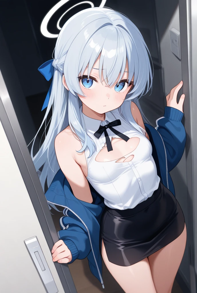 best quality, intricate details, 1girl, white hair, blue eyes, sharp eyes,messy hair, blue highlights, sharp teeth, blue hoodie, shark teeth design, bare legs, hair ornament, gawr gura, shark girl, shark tail, shark print, blue hoodie, sharp teeth, animal hood, shark hair ornament,