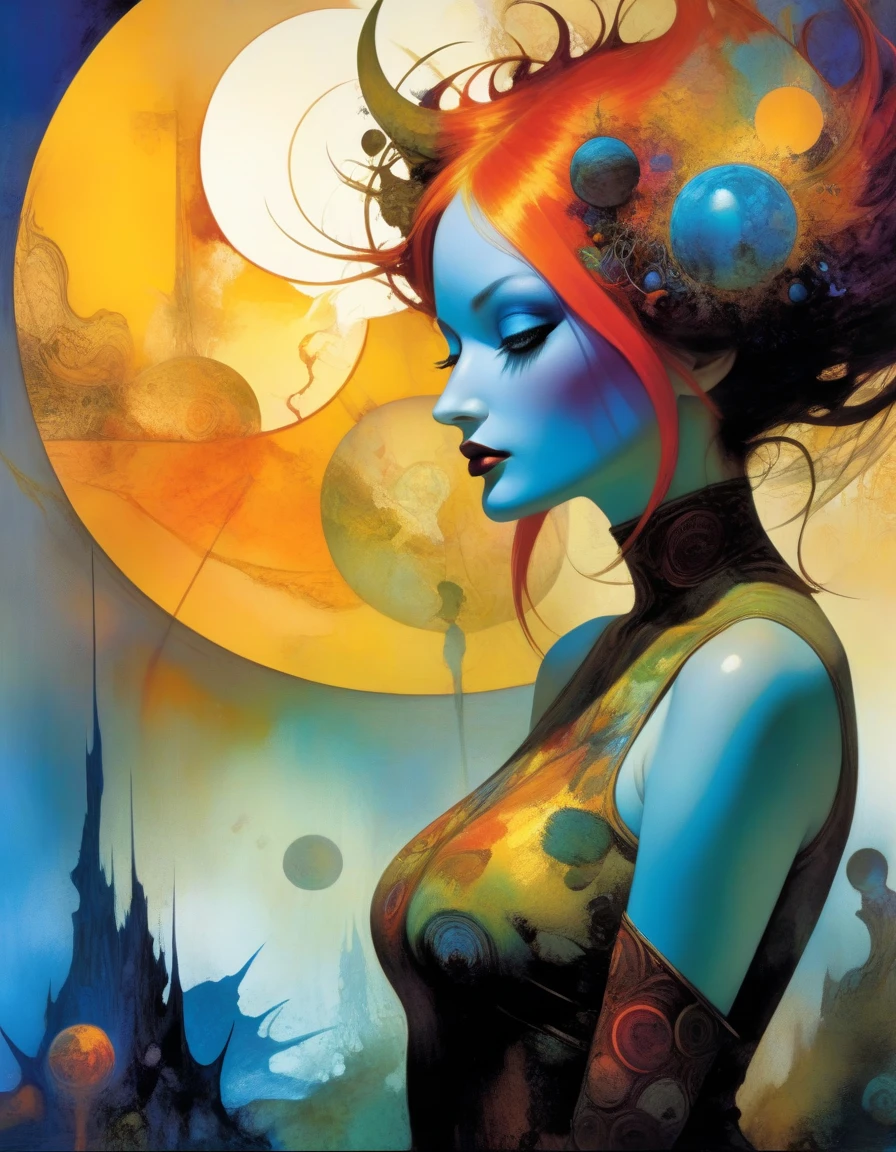 the sexy death, magic, surrealism, impressionism, planets, cosmos, fantasy, sexy, art inspired by Dave Mckean
