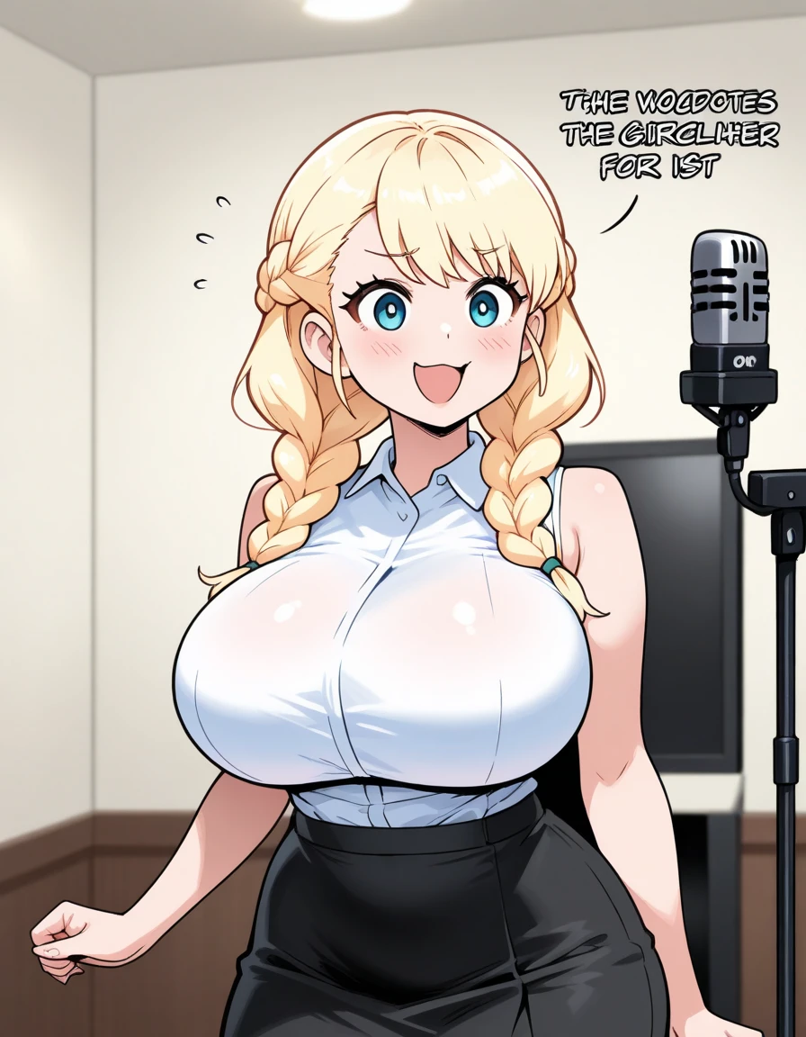 Best quality, masterpiece,1girl,blonde_hair,breasts,blush,open_mouth，microphone，tongue