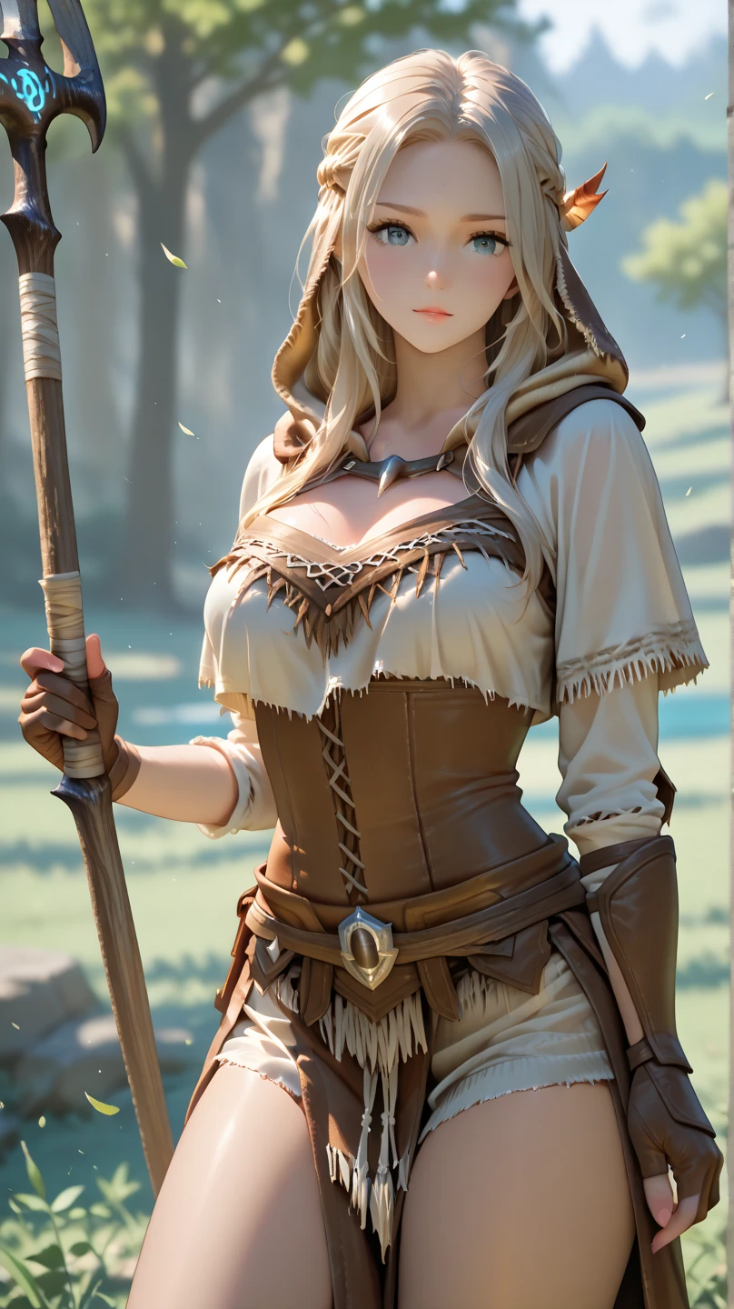 1 girl, (masterpiece)Full-body portrait , perfect body, big breast, yellow wavy long hair, red eyes, freckles face, wearing sexy samurai armor,wield a long katana, cowboy shot, 4k uhd, perfect lighting realistic photography, soft shadows, japanese village background