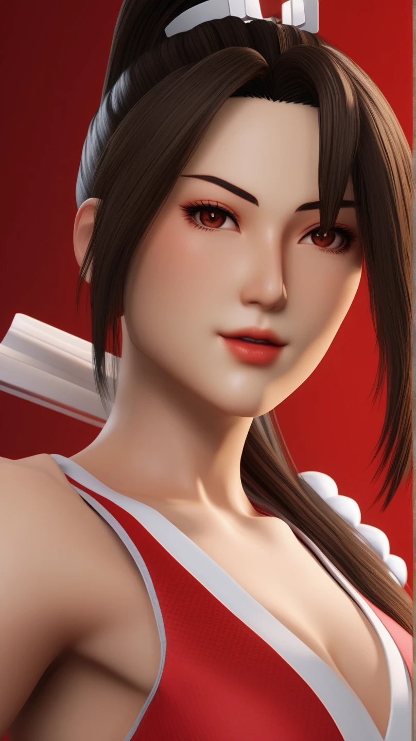 Mai Shiranui, (best quality,Ultra-detailed),(realistic:1.37), beautiful and detailed face, ultra-realistic texture, delicate face, athletic body, vivid colors. high definition, 8K, wearing red lipstick, rosy cheeks.