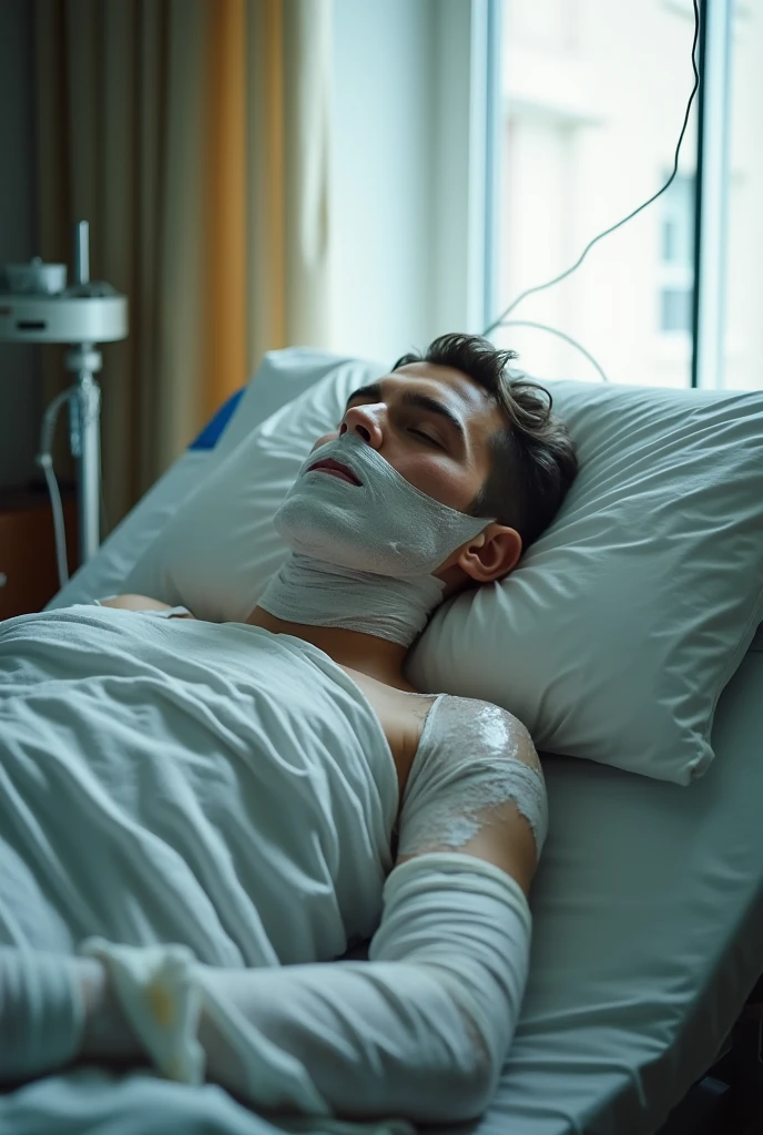 A muscular man, dressed with grey boxers. A doctor puts his hand over the first man's nose and mouth with a white folded hankderchief. The muscular man is asleep.