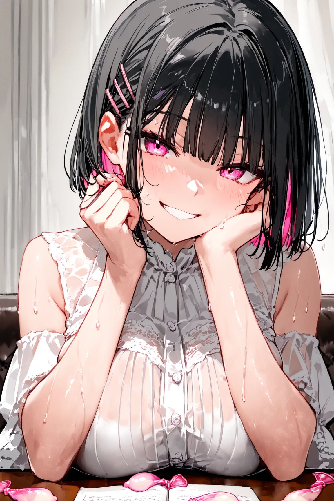 handjob,side view,eye-level shot,face focus,open mouth,tongue out,cum on tongue,lick,(1girl,Beautiful 14 year old girl),((Slender,Small breasts,Baby Face,Small face,)),looking at viewer,Black Hair,bangs,two side up,Gray Eyes,Drooping eyes,slit pupils,narrow eyes,collarbone,black t-shirt,off-shoulder look,Black and red checkered short skirt,Beautiful and detailed anime art,Mischievous smile,Dimly lit room,Simple Background,Gray background,Low lighting
