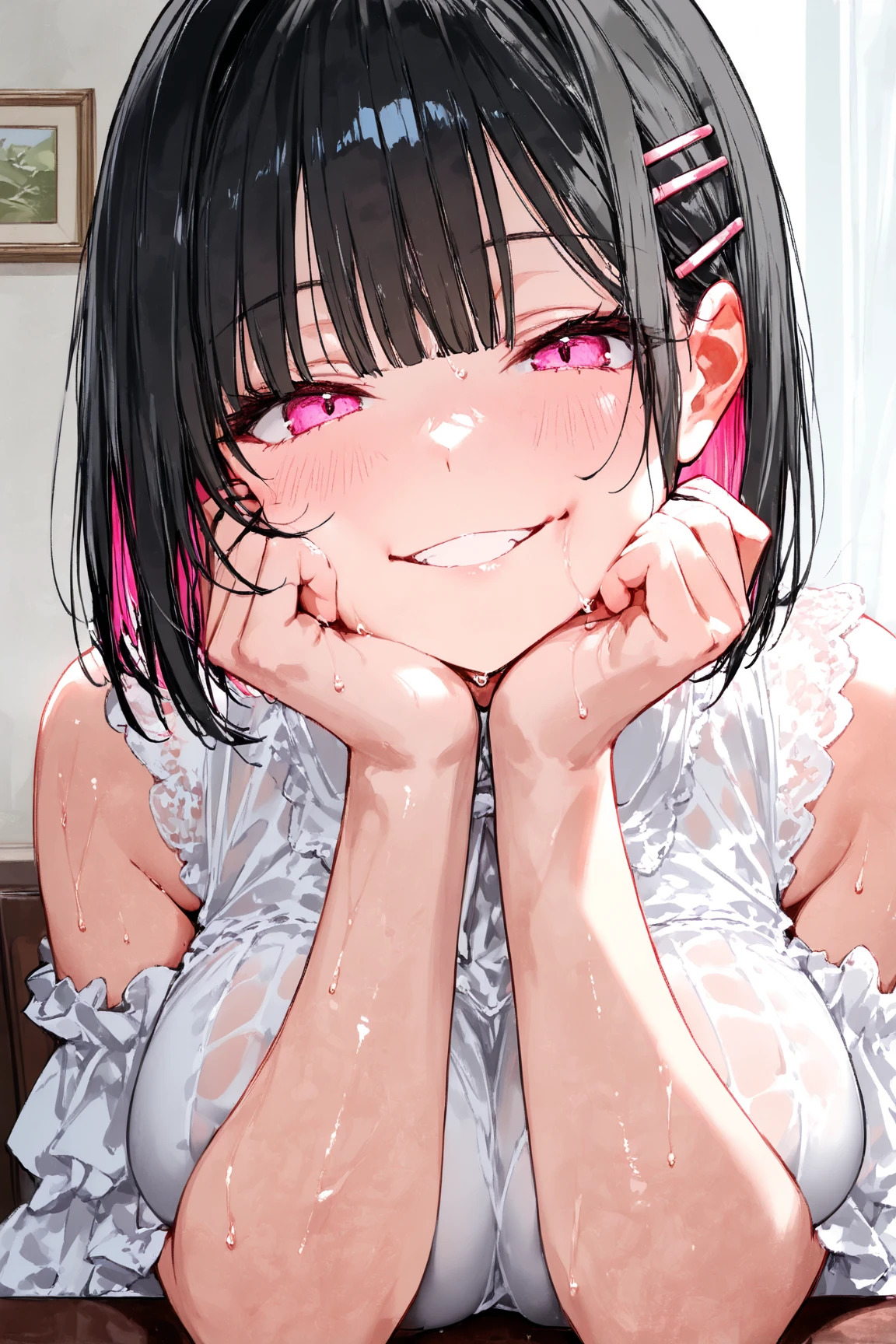 looking at viewer,looking up,from above,upper body,1girl,lick,Hands Behind Back,Tied with hands behind back,Beautiful 14 year old girl,Japanese,Slender,,low length,Small breasts,Baby Face,Small face,Black Hair,Short Twin Tails,Gray Eyes,slit pupils,Drooping eyes,middle School girls,Sheer black and pink negligee,lingerie,first round,open mouth,tongue out,front face,Straight Stand,Beautiful and detailed anime art,Mischievous smile,Sexy vibe,cum on tongue,Dimly lit room,On the bed,Simple Background,Gray background,Low lighting,