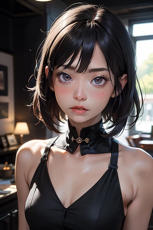 (Half Body Shot,Street lamp,moon),masterpiece, One girl, Solo Exhibitions, Beautiful woman on a busy street, Surrounded by peddlers, Beautiful Goddess Girl Portrait, Beautiful and elaborate face, Porcelain-like skin, (((Bust Shot, center, night, Black Hair, short hair)), Very soft lighting, Symmetric, complicated, grace, Attention to detail, realism, art, concept art,