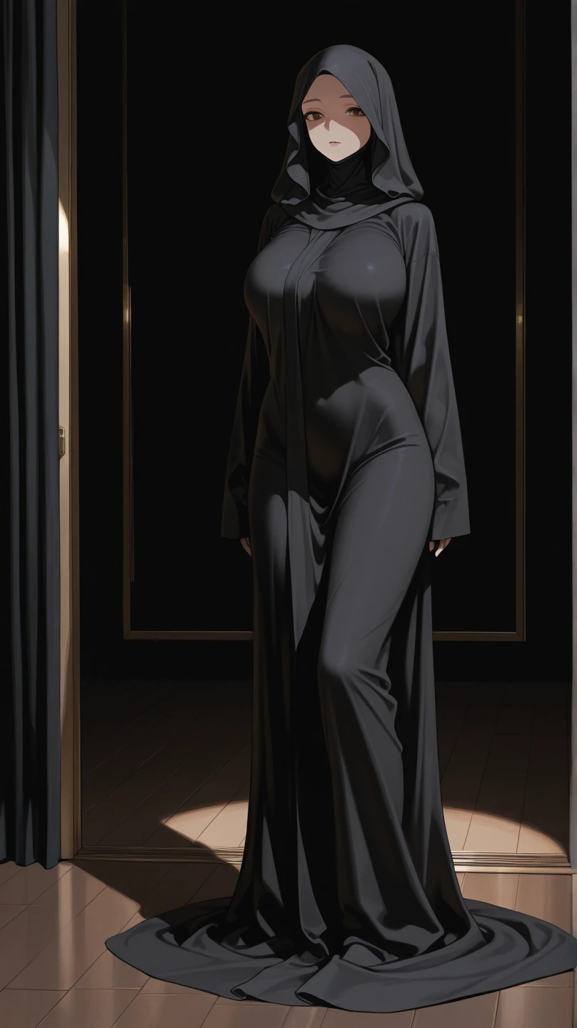 digital art, highly detailed, reference sheet, standing pose, legs uncrossed, one hand pulling at cheek, feminine features, dark skin, overweight, curvy, corpulent, portly, mature woman, adult female, whole body, bald, form-fitting, abaya dress, scarf, long sleeves, long skirt, shoes, 1woman, solo, upper body, lower body, ((Extremely Detailed)), ((Best Quality)), ((Masterpiece)), ((4k)).