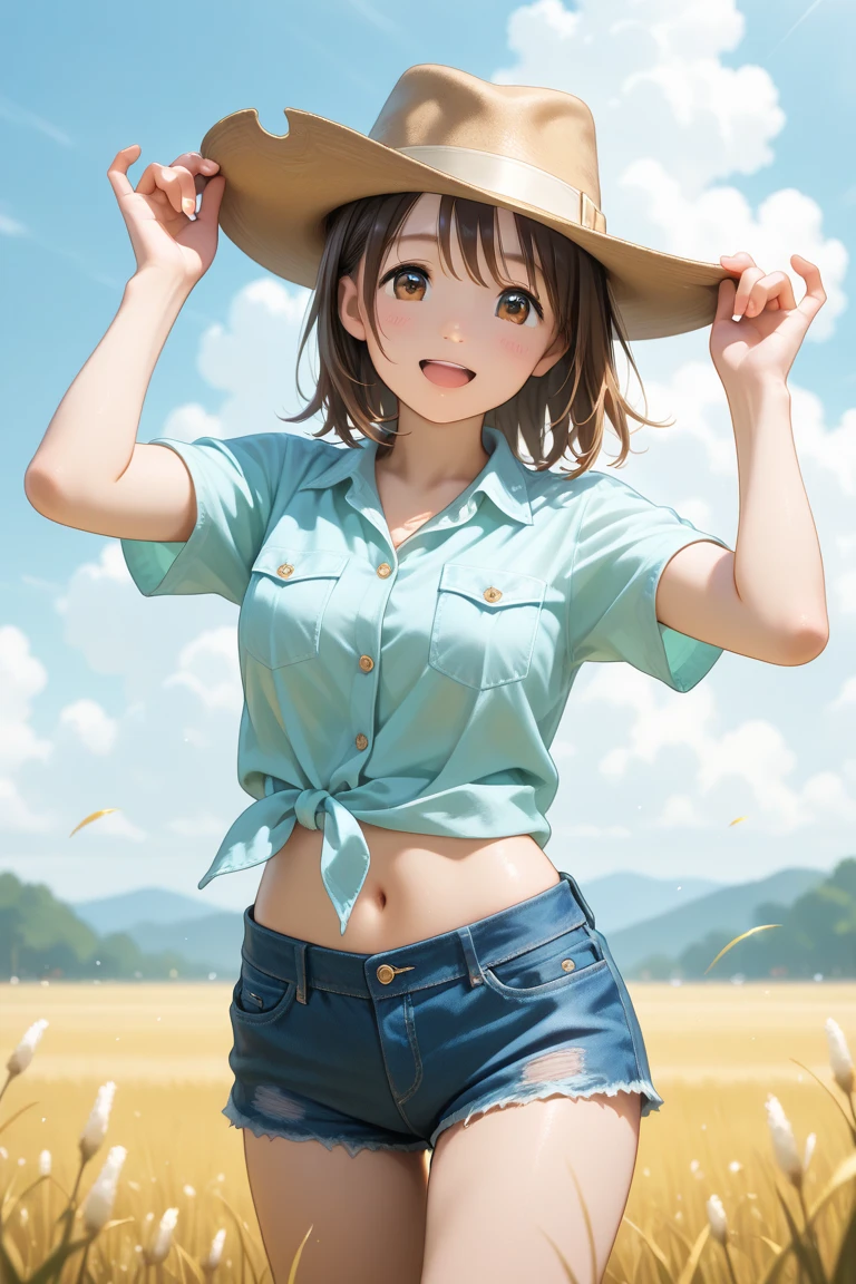 #Basics A girl is posing for a photo, animeのかわいい女の子, (((One Girl, Baby Face, Young girl, 16 years old))), 
BREAK 

#Clothing Accessories 
(Work clothes : (ボロボロのWork clothesズボン) + (A simple white tank top) + (Wearing a straw hat) + (Gloves)), Rugged boots, (They carry large hoes and other sturdy farming tools on their shoulders.), 
BREAK 

#Features 
((Black Hair:1.4 Curly hair:1.4, (ponytail : Short Hair + Hair blowing in the wind)),  
(Droopy eyes, blue eyes), (Small breasts),  
BREAK 

#background environment 
((noon, Sunshine, blue sky, Tanned and dark skin, Standing in an agricultural landscape, such as a crop field or pasture, There are agricultural tools and machinery around.)), 
#Facial Expression Pose
((Wicked Smile), (Are standing)), 
#composition 
((Face the camera, Angle from the front, Cowboy Shot:1.4)), 
BREAK 

#Body parts elements 
(Detailed hair, Beautiful Hair, Shiny Hair), 
(double eyelid, Long eyelashes), 
(Expression of fine eyes, Beautiful and delicate eyes, Sparkling eyes, Eye Reflexes, Glitter Eyeliner), 
(Human Ear), 
(Beautiful Nose, Thin Nose), 
(Glossy lips, Beautiful Lips, Thick lips, Glossy Lips, Natural Cheeks), 
(Detailed face, Symmetrical facial features), 
(Detailed skin, Textured skin, Beautiful Skin, Shiny skin), 
BREAK 

#Quality 
(((Highest quality)), ((masterpiece)), ((Very detailed))), ((High resolution), (16K,1080P)), 
(Realistic), (Anatomically correct), 
((comics, anime)), (3DCG), CG illustration,
