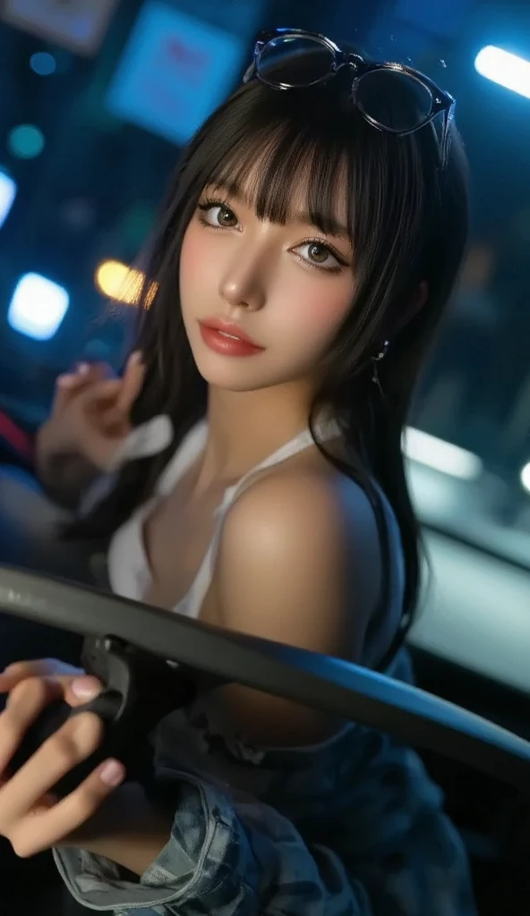 Wearing only one long shirt, (all buttons open: 1.1), big breasts, deep cleavage, best quality, masterpiece, illustration, very delicate and beautiful, very detailed, CG, unity, 8K wallpapers, amazing, fine detail, very detailed CG Unity 8K wallpapers, huge file size, very detailed, high resolution, handsome detail woman, very detailed eyes and face, wonderful detailed eyes, light on face, (Best Illustration: 1.1), (Best Shadow: 1.1), Ultra High Resolution, (Photoreal: 1.1), (Photo Realistic: 1.2:1.1), Realistic Face Proportions, Slender, Smile, (Makeup: 0.4), (Fluffy Black Eyes: 1.21), Black Eyes, Looking at the Viewer, Dark Brown Hair, Earrings, Necklaces, Hairpins, Cowboy Shots, (Irregular Irregular Skin Imperfections, Veins, Skin Wrinkles Pores: 1.2), (Dark Night Background: 1.2), (Bokeh: 1.4),