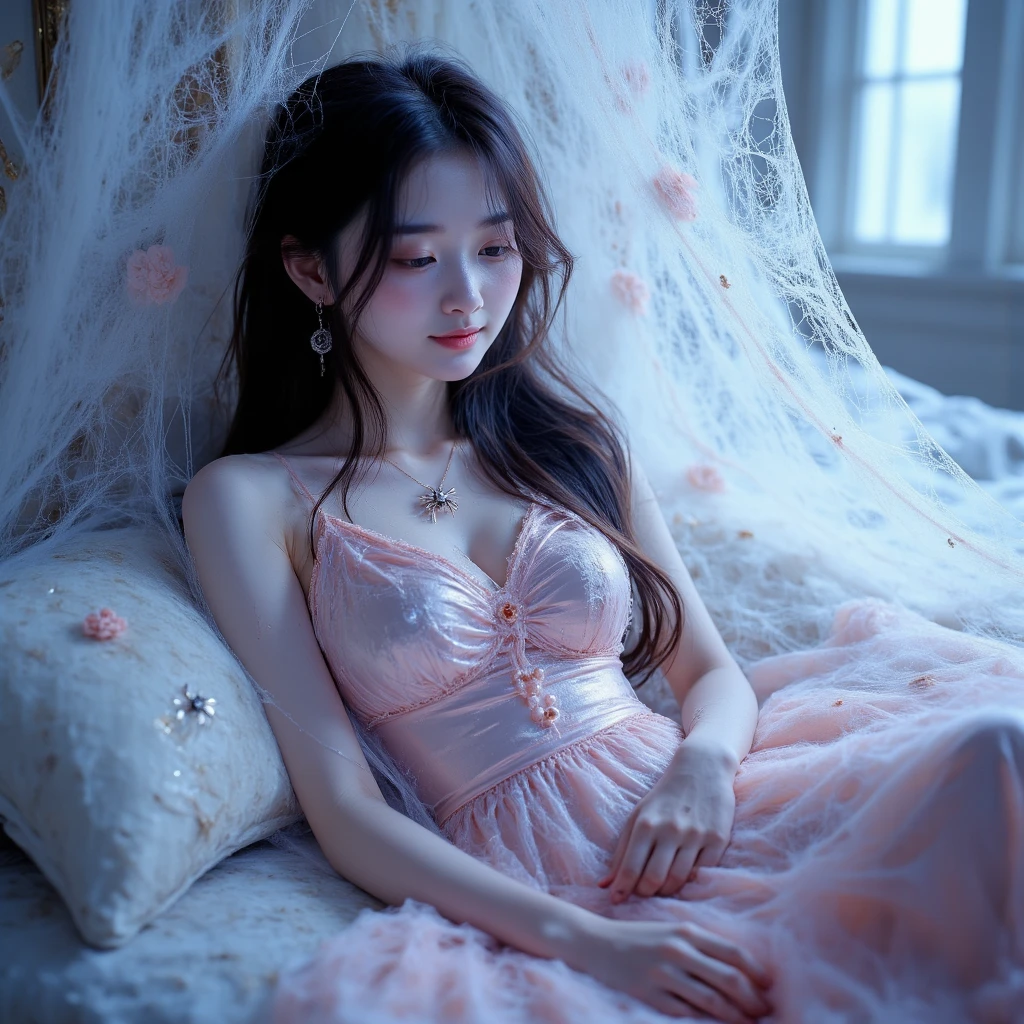 one girl tied up by another one,(bright lighting,romantic setting),dreamy background,bondage,dark hair, mesmerizing gaze, , soft skin, alluring beauty, artistic portrait, high-quality image, vibrant colors, long silk gown, in the bed, mosquito net