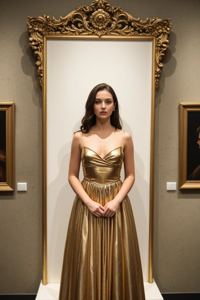 Beautiful blonde in an art museum, (admiring a famous sculpture or painting. She is wearing an elegant dress and heels, with a chic handbag on her arm. His gaze is focused on the work of art, une expression de fascination et d'admiration sur son visage. Museum walls and artwork add a touch of sophistication and culture to the scene.), very detailed, 21 ans, visage innocent, natural wavy hair, blue eye, high resolution, masterpiece, best quality, intricate details, very detailed, sharpness, detailed skin, realistic skin texture, texture, detailed eyes, professionnel, 4K, charming smile, shot with Canon, 85mm, shallow depth of field, Kodak Vision Color, corps parfaitement ajusté, extremely detailed, Photo_(ultra), photorealistic, realistic, post-traitement, Maximum details, roughness, real life, ultra realistic, photorealism, la photographie, 8k uh, la photographie.