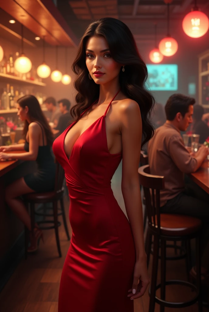 8k, masterpiece, RAW photo, best quality, photorealistic, extremely detailed CG unity 8k wallpaper, Depth of field, Cinematic Light, Lens Flare, Ray tracing, (extremely beautiful face, beautiful lips, beautiful eyes), intricate detail face, ((ultra detailed skin)), ((1girl:1.9)), ((alone:1.9)), ((seductively standing pose)), at night inside a bar, deep shadow, [[Raiana-Elizabeth-Dilla]], pretty girl, (very slim slender fit-muscled body:1.3), ((beautiful legs:1.4)), ((looking at viewer)),(big smile:1), (sexy ((see-through)) ((ultra-short ((red:1.2)) business-style uniform))), ((trendy bar scene, upscale ambiance, captivating atmosphere, cool vibes)), (classic whiskey glass and bottles, top shelf liquors, vibrant atmosphere, modern-futuristic decor, chic bar stools, crafted with precision, delectable bar snacks), (blurred background:1.4), beautiful earrings, bracelets, necklace, red pendant, clear eyes, ((tattoos)), (pale skin), (face forward), ((whole-body-view)), ((full-body:1.8, cinematic shot)), soft lighting, (long black hairs), (looking at viewer:1.8), cleavage breasts, (large breasts:1.4), touching the breast, highly detailed, ultra realistic, extremely detailed and realistic ((red:1.2)) clothes.