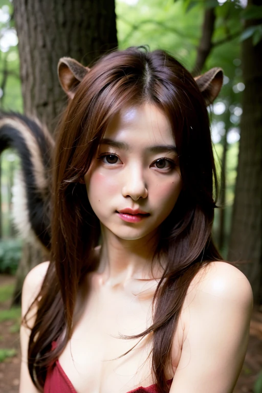 Realistic, photoRealistic, detailed, beautiful, RAW Photos, Film Grain, (Natural light :1.2), View your viewers,
Portraiture, Depth of written boundary,
Japanese women, 1, Squirrel ears, Squirrel Tail,, Plump, Fur tank top, Fluffy hair,smile, On the branch of a big tree