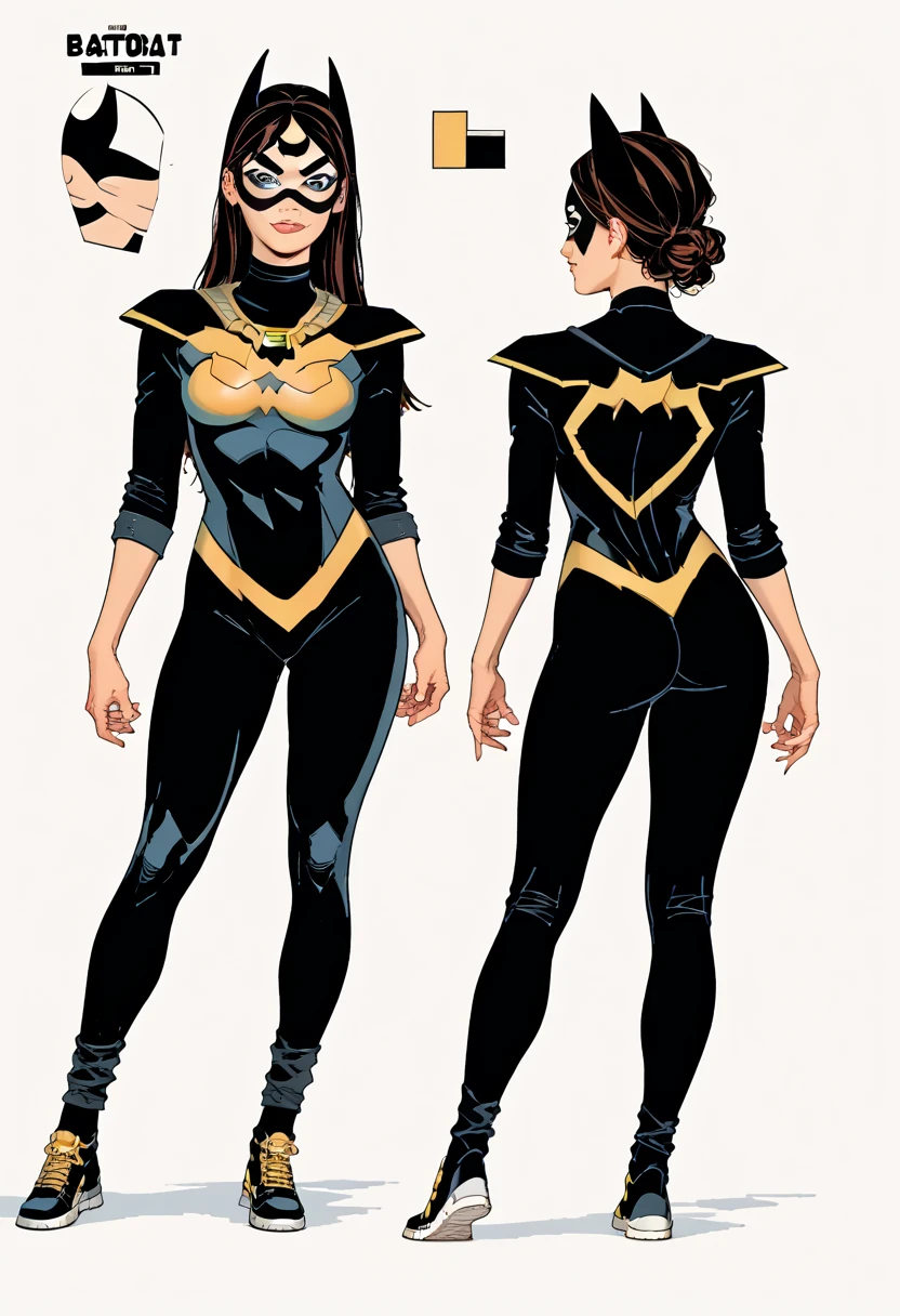 ((masterpiece)),(((best quality))),((character design sheet)), ((full body view)) illustration,1girl, muscular, ((blue and gold bodysuit:1.4)), (masked over eyes:1.6) (broke and black color palette:1.3) superhero, (black ponytail:1.4), (black hair:1.2) (puffy lips:1.6) (black cape:1.4) beautiful woman, (small breasts:1.3)(black legs:1.3)shiny skin, (gold emblem on chest:1.2),scribbles and marks, rough sketches, pose, 8k,16k, (simple background, white background: 1.3)(gigantic breasts:1.0)
