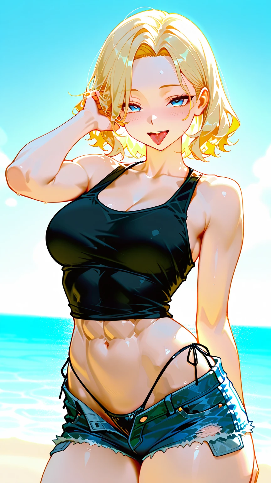 photorealistic,wavy hair, hair over one eye,yellow hair,short hair,blue eyes, medium breasts, abs, blouse, beach