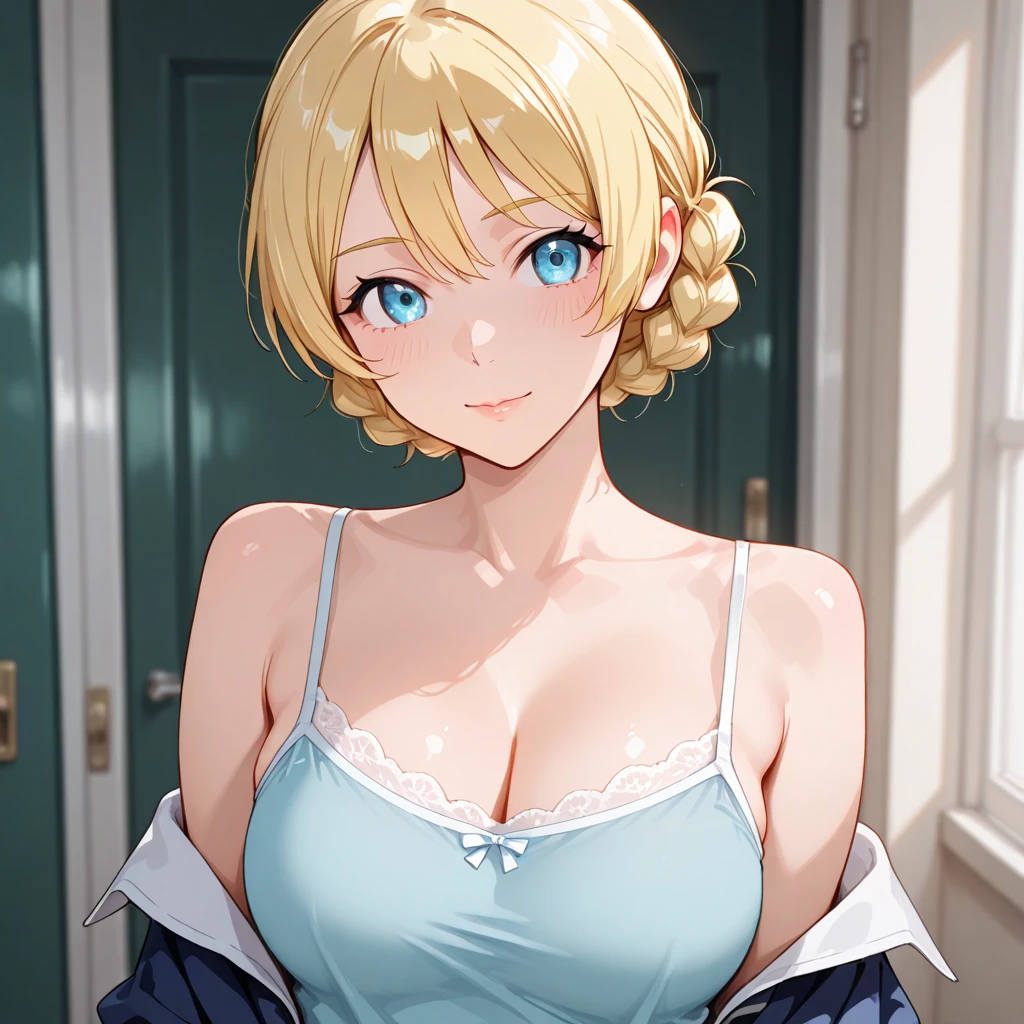 (best quality, ultra-detailed, photorealistic: 1.39), bright and vibrant colors, studio lighting, romantic expression, love smile, Beautiful Transparent blouse with visible bra underneath, white latex shorts, light fabric, undercut platinum bobcut blonder hair, small breasts, fit, short hair, hair on one side shaved and the other long, mercenary, charming pose, she is blushing, cleavage