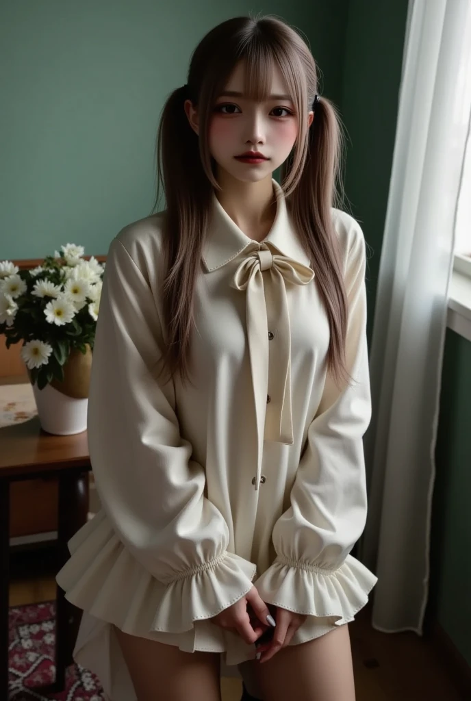 master piece , best quality , detailed , blouse , skirt , sitting , (from front) , bed room , indoor, Shiny platinum blonde silk super long straight hair, beautiful shiny bangs, big clear sky blue eyes, very beautiful bright eye highlights, Embarrassing, Blushing